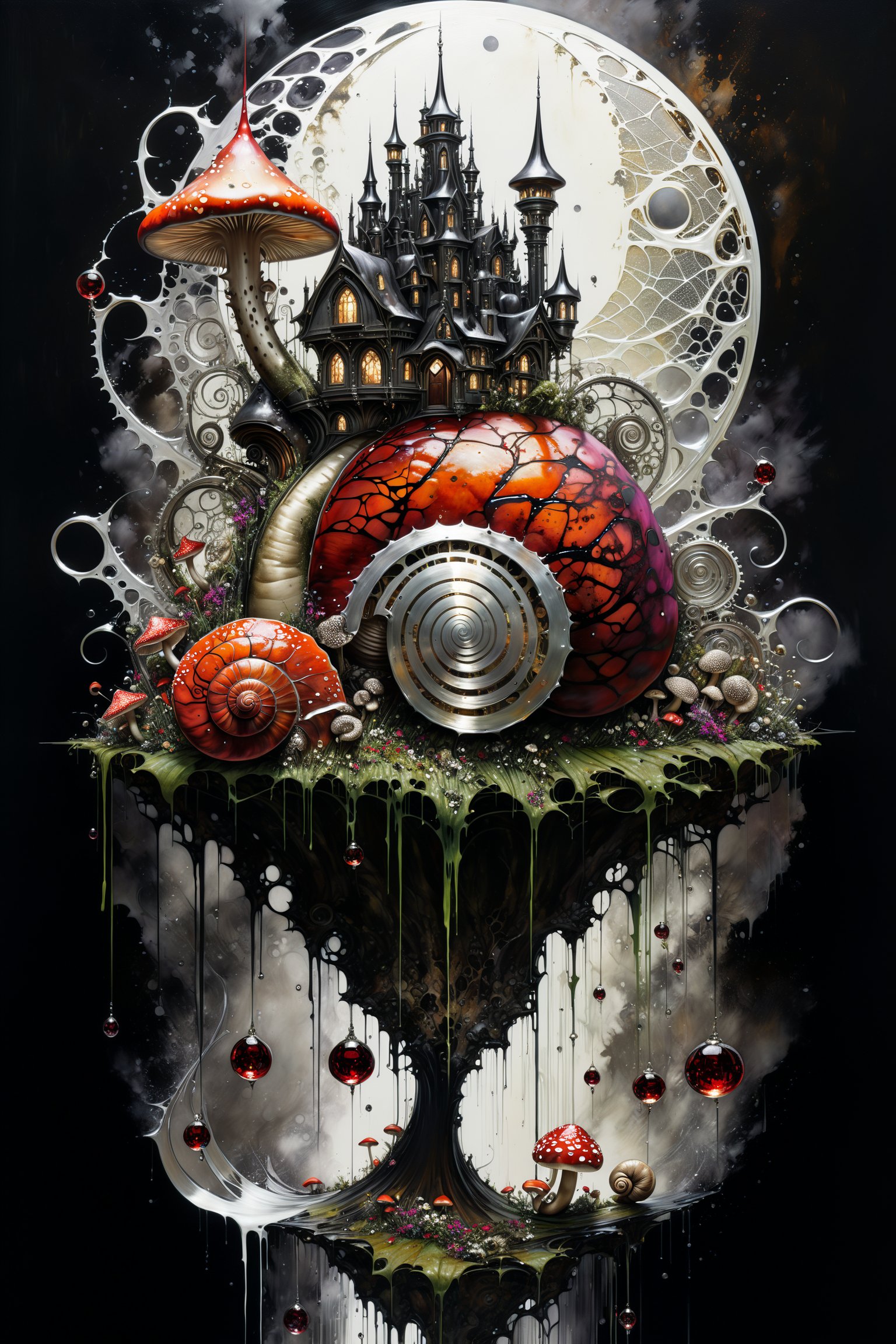 Ultra-wide-angle, photorealistic medieval gothic steam punk shot of an exciting fusion between Spawn and ((A snail on a mushroom)) in a new character that embodies elements of both, silver mechanical gears in the background, and (((large spiderwebs in the background))), people, see. Black and multi colored, ink Flow - 8k Resolution Photorealistic Masterpiece - by Aaron Horkey and Jeremy Mann - Intricately Detailed. fluid gouache painting: by Jean Baptiste Mongue: calligraphy: acrylic: colorful watercolor, cinematic lighting, maximalist photoillustration: by marton bobzert: 8k resolution concept art, intricately detailed realism, complex, elegant, expansive, fantastical and psychedelic, dripping paint , in the chasm of the empire estate, night, the moon, buildings, reflections, wings, and other elements need to stay in frame,(isolate object)