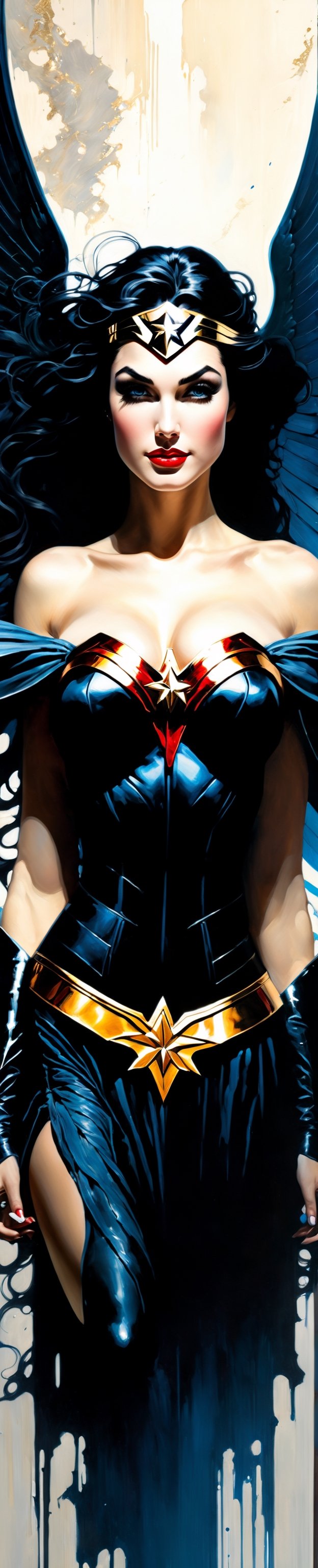 Ultra wide angle,  photorealistic medieval gothic shot of an exciting fusion between an angel and Wonder woman,  full body...