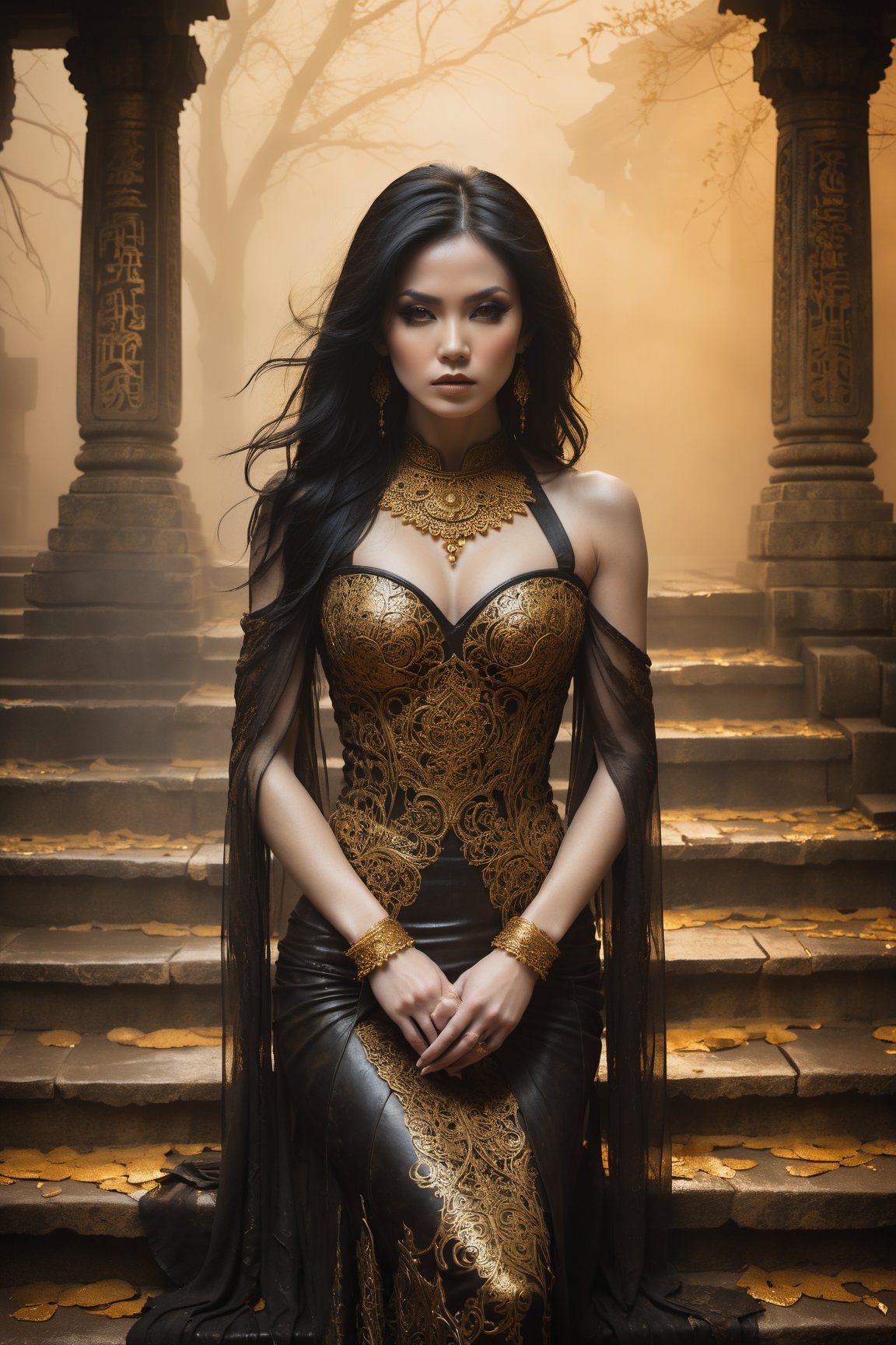 Hauntingly beautiful woman posed on weathered temple steps, shrouded in thick golden fog that morphs into eerie aura. Softly lit by warm orange-golden tones, her pale skin and black hair contrast against dark brown leather attire, complete with intricate filigree patterns. Dripping oil textures add a sense of decay to the scene. Her closed hands cradle her muscular figure, emphasizing its definition. The dramatic lighting casts stark catchlights and shadows, highlighting her haunting beauty amidst the desolate temple backdrop.