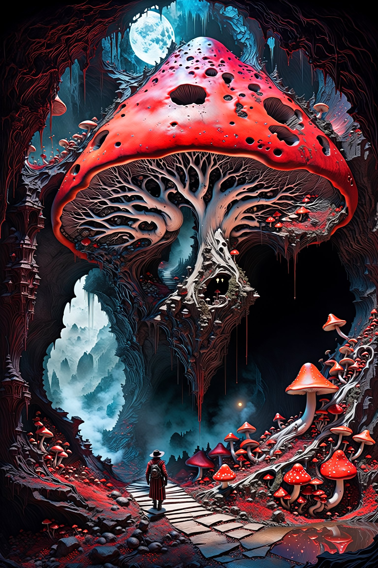 Ultra-wide-angle,  photorealistic medieval gothic steam punk shot of an exciting fusion between Spawn and ((A spiderweb an...