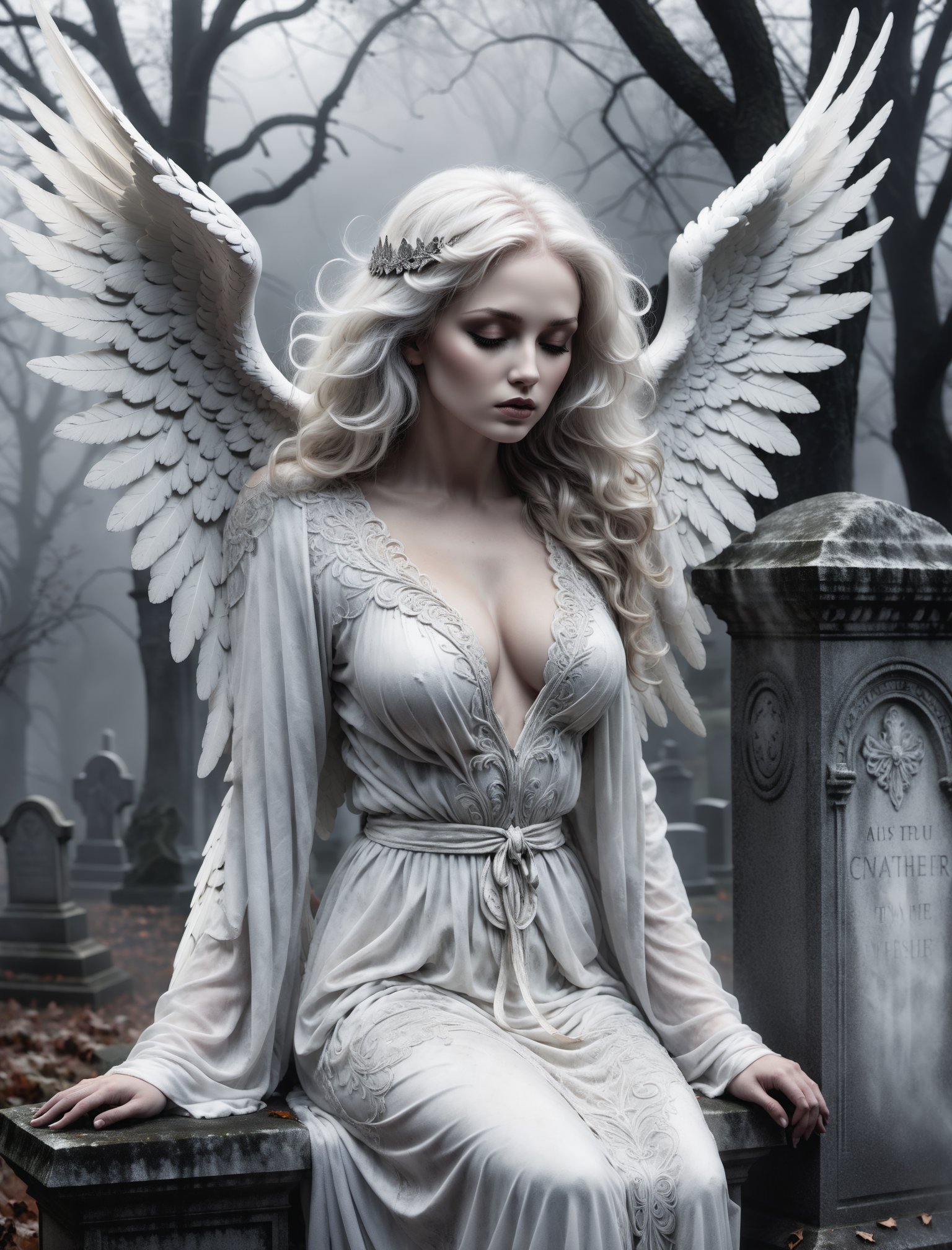 A hauntingly beautiful illustration: A White angel perches atop a weathered gravestone in a desolate cemetery, shrouded in thick fog that morphs into a ghostly aura. Dramatic lighting creates stark catchlights and shadows, highlighting the angel's pale skin, filigree, and Zentangle patterns, rendered in bold strokes against darkness. The angel's closed hands cradle her curvy figure, emphasizing her muscular physique. wearing a long White robe, Her White and black two-tone hair cascades down her back, framing a captivating close-up portrait.