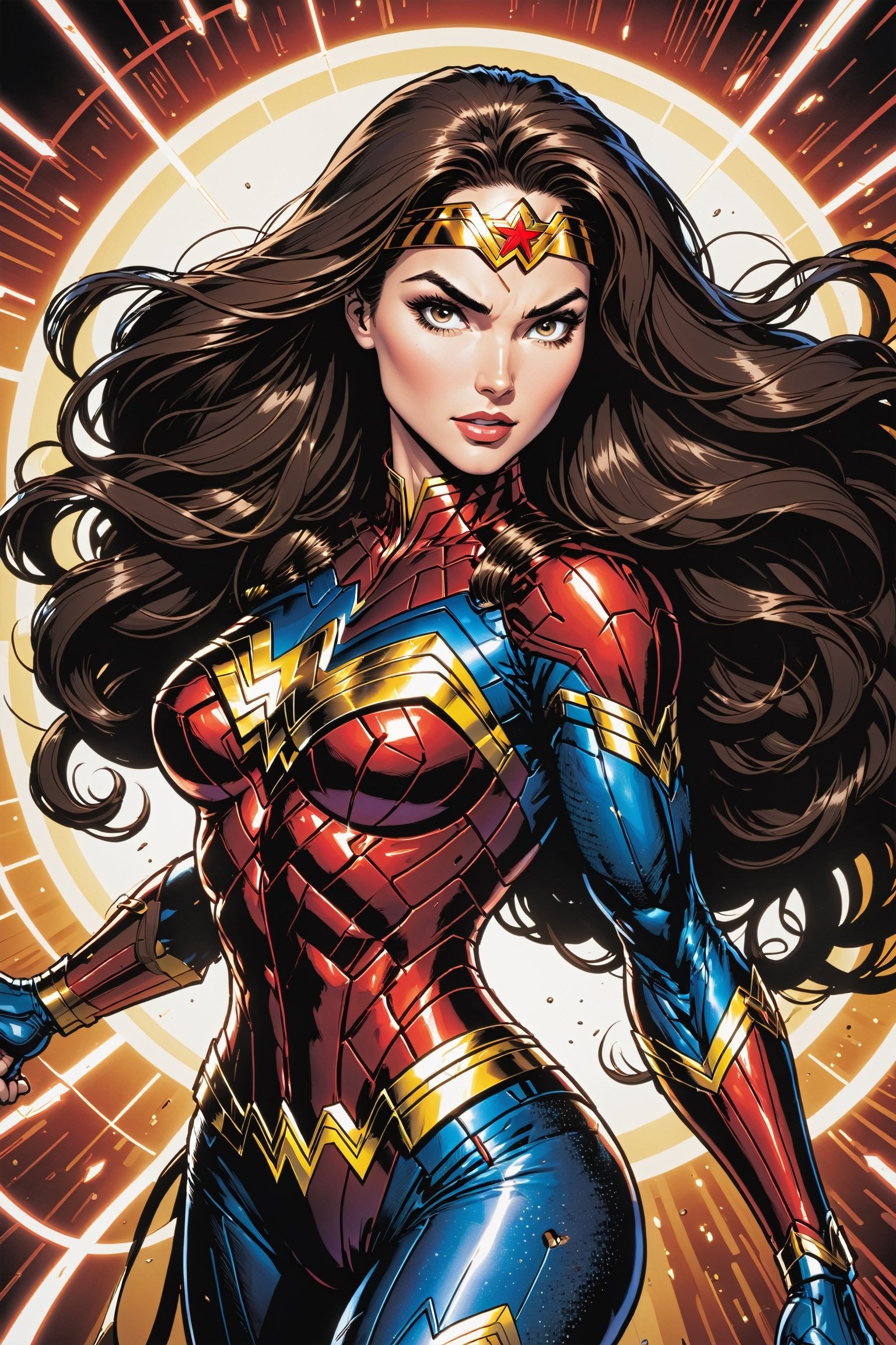Midshot of blend of a female Spawn and Wonder Woman,  centered in a cel-shading style illustration,  ultra detailed and me...