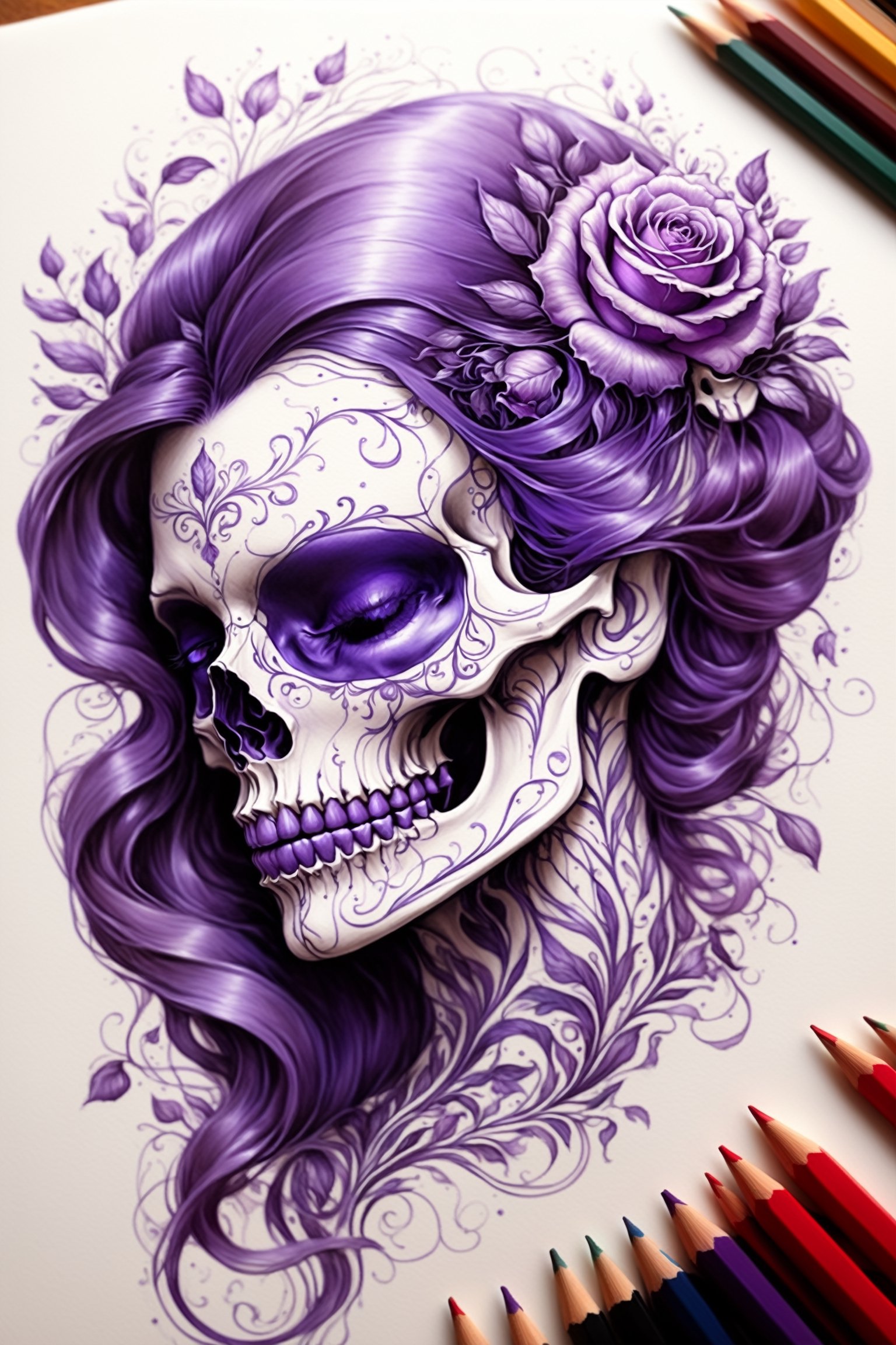 pencil Sketch of a beautiful purple ((skull)), portrait by Charles Miano, ink drawing, flowing intricate ink, designs, illustrative art, soft lighting, detailed, more Flowing rhythm, elegant, low contrast, add soft blur with thin line, full red lips, light lavender eyes, black clothes.