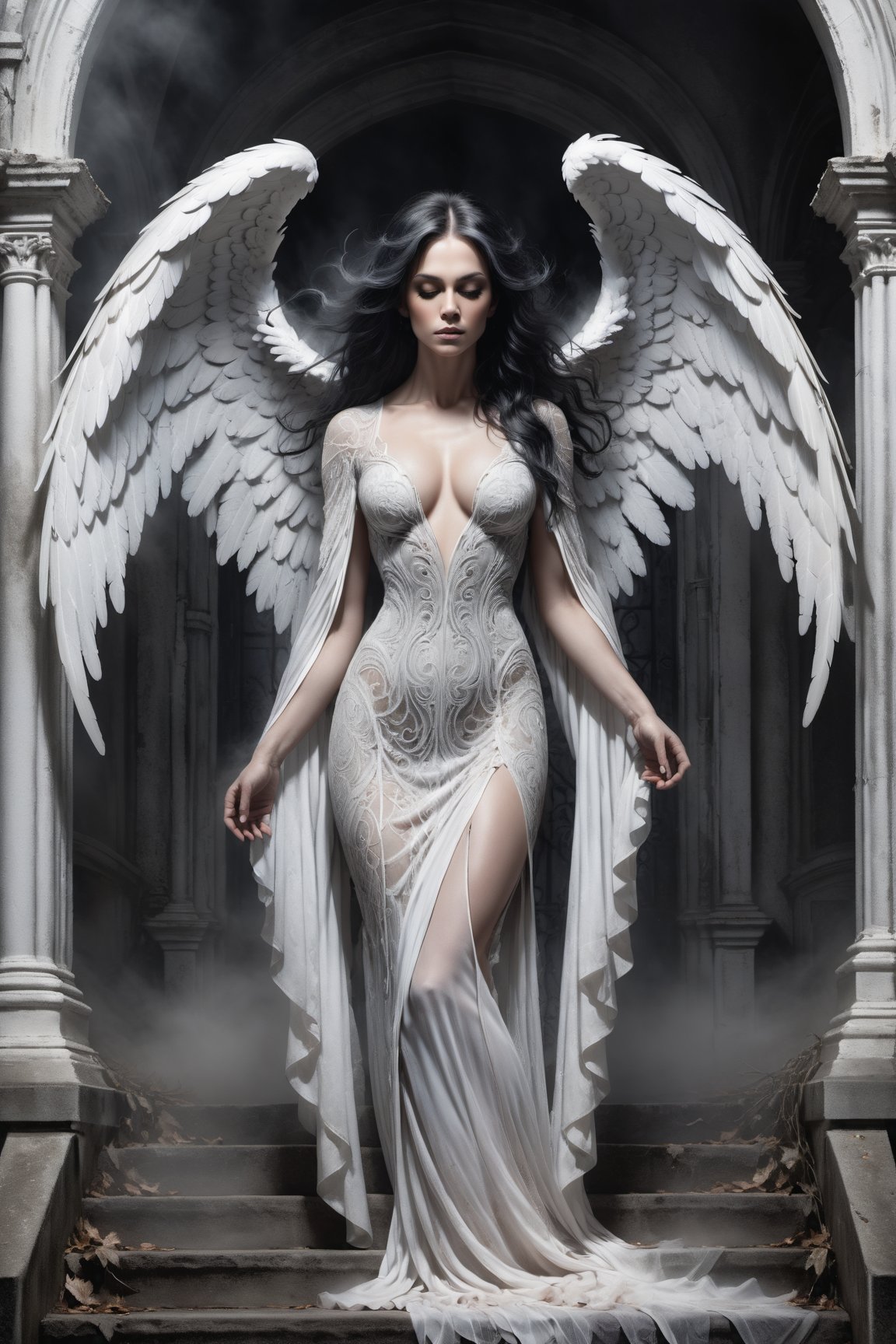 A hauntingly beautiful illustration: A White angel standing on the steps of a weathered desolate church, shrouded in thick fog that morphs into a ghostly aura. Dramatic lighting creates stark catchlights and shadows, highlighting the angel's pale skin, filigree, and Zentangle patterns, rendered in bold strokes against darkness. The angel's closed hands cradle her muscular figure, emphasizing muscular physique ,wearing a very modest long White robe, Her (((White and black two-tone hair))) cascades down her back, framing a captivating close-up portrait.