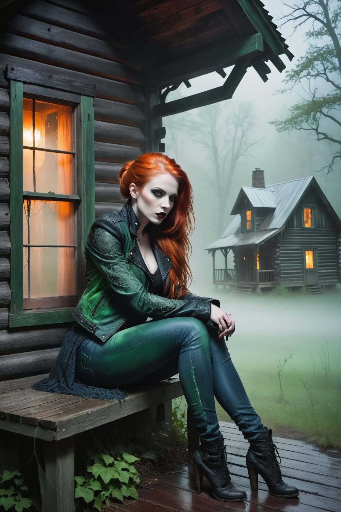 A hauntingly beautiful woman vampire ((sitting on the  on a porch of a old creepy cabin)), shrouded in thick Green-hued fog that morphs into an eerie aura. Her pale skin and Orange hair in a long, tall ponytail, contrast against the Blue jean pants, black leather jacket with filigree and Zentangle patterns, punctuated by dripping oil textures. Her closed hands cradle her curvy figure, emphasizing her very muscular physique, The dramatic lighting creates stark catchlights and shadows, highlighting her haunting beauty amidst a desolate cabin backdrop bathed in Green hues.