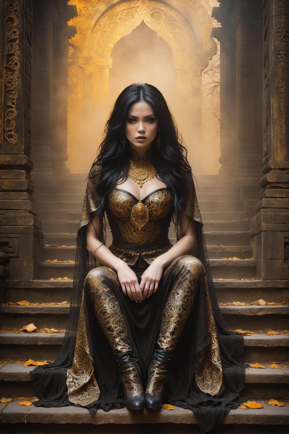 Hauntingly beautiful woman posed on weathered temple steps, shrouded in thick golden fog that morphs into eerie aura. Softly lit by warm orange-golden tones, her pale skin and black hair contrast against dark brown leather attire, complete with intricate filigree patterns. Dripping oil textures add a sense of decay to the scene. Her closed hands cradle her muscular figure, emphasizing its definition. The dramatic lighting casts stark catchlights and shadows, highlighting her haunting beauty amidst the desolate temple backdrop.