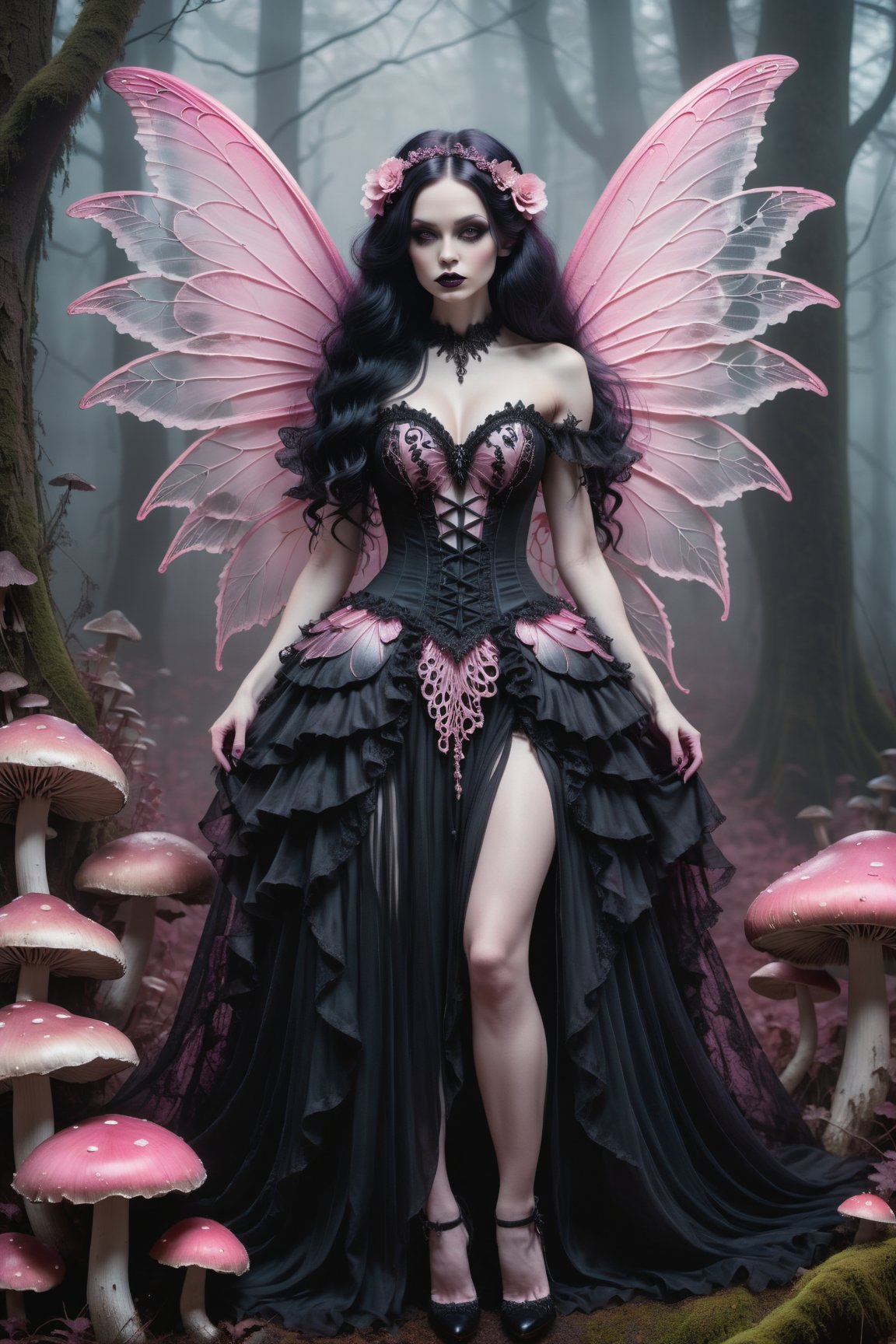 A hauntingly beautiful woman (((gothic fairy with Beautiful, detailed wings))) wearing Lacie victorian clothing (((standing beside giant mushrooms))), shrouded in thick pink-hued fog that morphs into an eerie aura. Her pale skin and  very, very long hair contrast against the dark Gothic dress,  with filigree and Zentangle patterns, punctuated by dripping oil textures. Her closed hands cradle her muscular figure, emphasizing her muscular physique, The dramatic lighting creates stark catchlights and shadows, highlighting her haunting beauty amidst A forest with mushrooms everywhere backdrop bathed in pink hues.