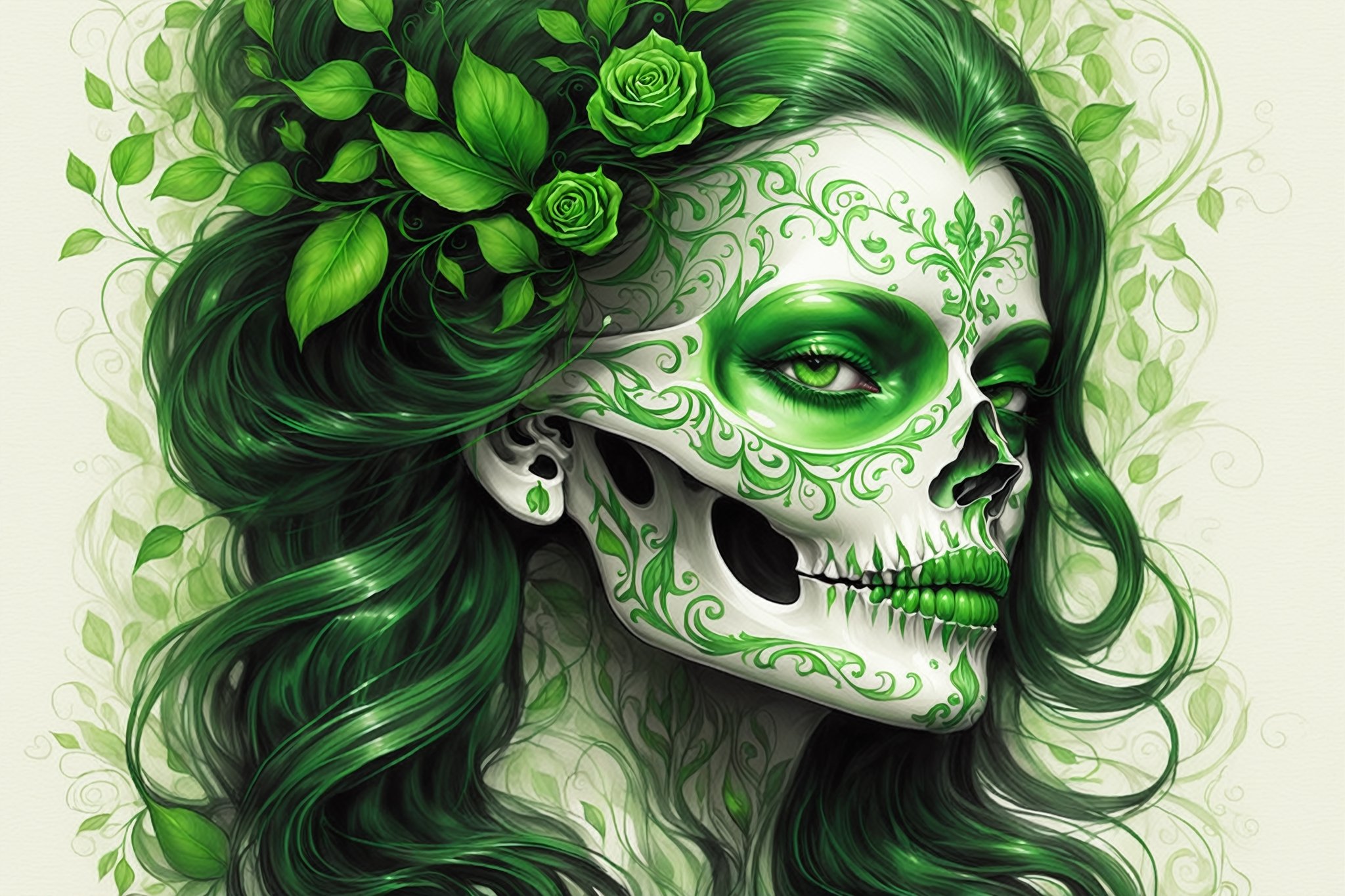 pencil Sketch of a beautiful green ((skull)), portrait by Charles Miano, ink drawing, flowing intricate ink, designs, illustrative art, soft lighting, detailed, more Flowing rhythm, elegant, low contrast, add soft blur with thin line, full red lips, green eyes, black clothes.