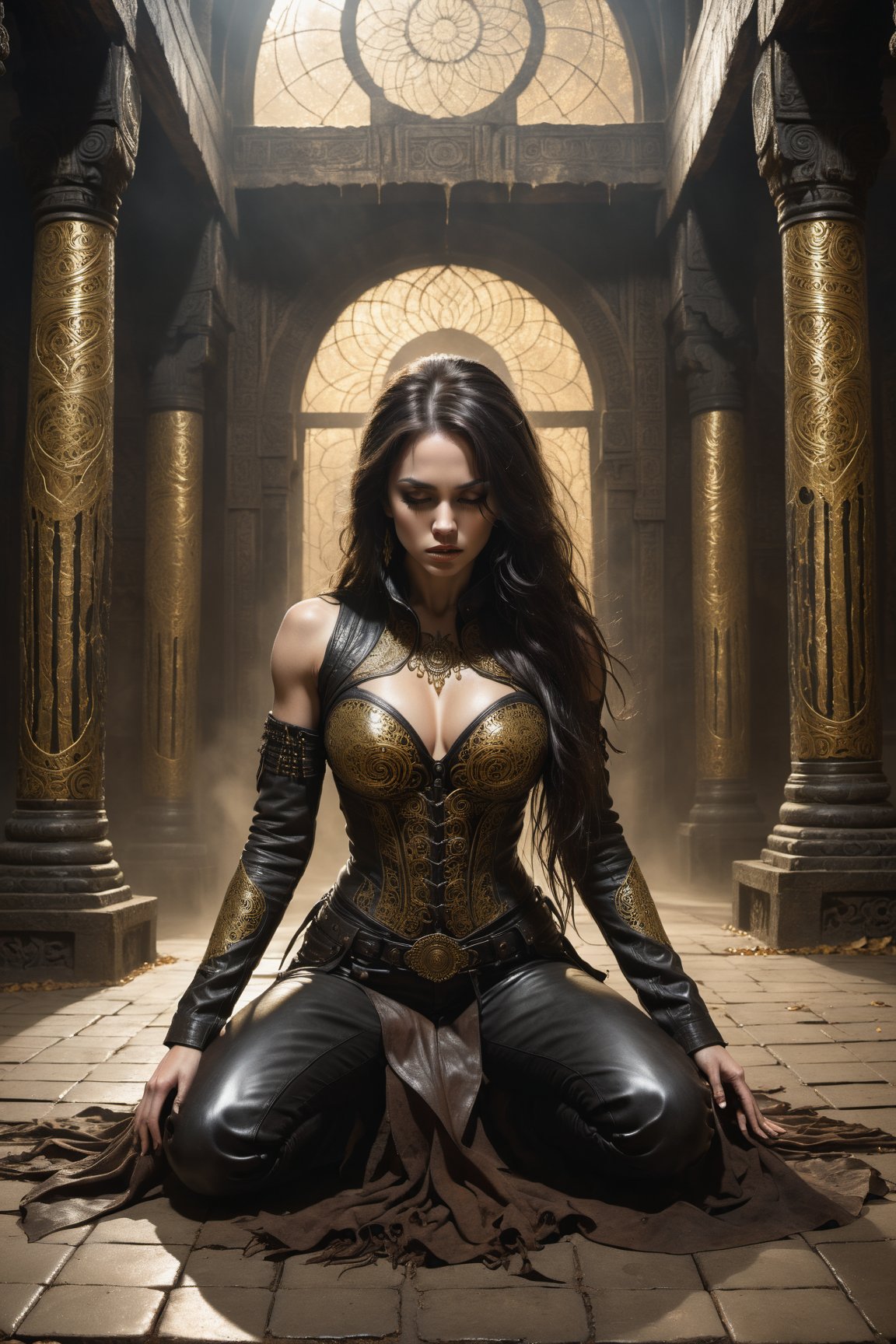 A hauntingly beautiful woman kneeling down on the ground with a large leather pack on the ground in front of her  in a weathered creepy temple, shrouded in thick Golden-hued fog that morphs into an eerie aura. Her pale skin and Black very, very long hair contrast against the dark Brown leather pants, button down shirt,  Brown leather jacket with filigree and Zentangle patterns, punctuated by dripping oil textures. Her closed hands cradle her muscular figure, emphasizing her very muscular figure. The dramatic lighting creates stark catchlights and shadows, highlighting her haunting beauty amidst a desolate creepy temple backdrop bathed in Golden hues.