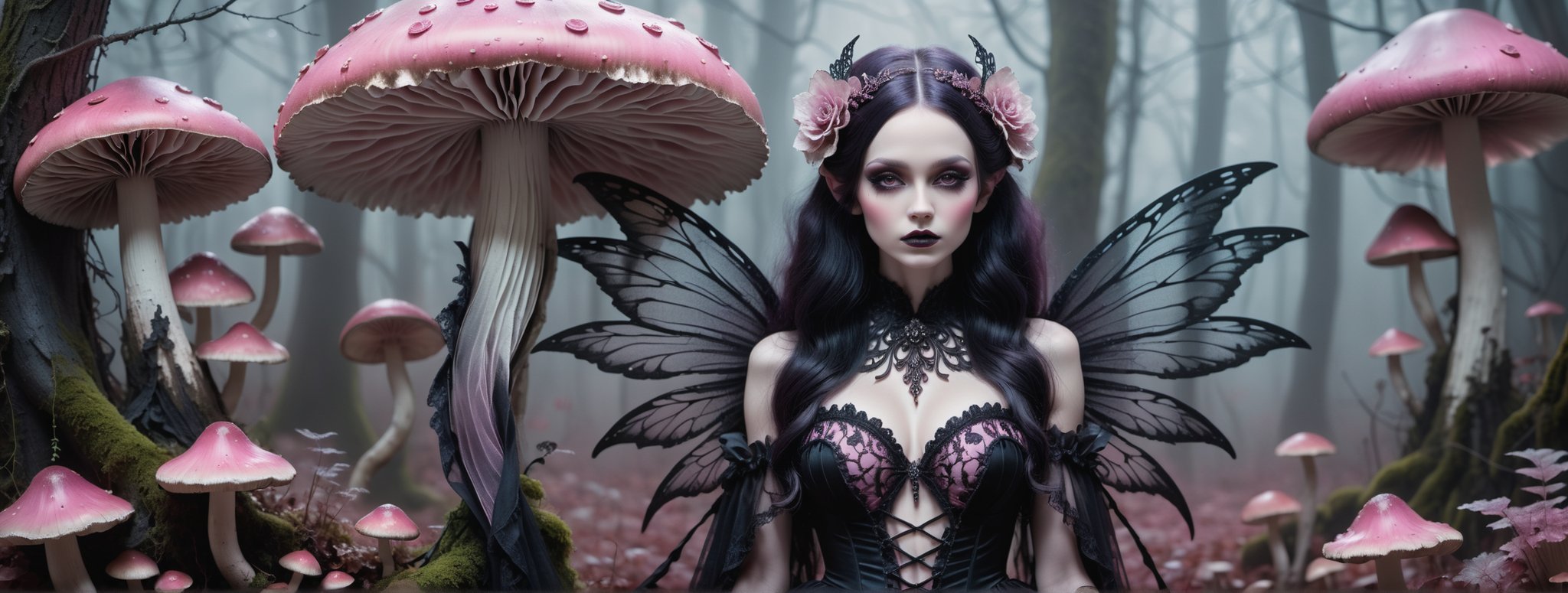 A hauntingly beautiful woman (((gothic fairy with Beautiful, detailed wings))) wearing Lacie victorian clothing (((standing beside giant mushrooms))), shrouded in thick pink-hued fog that morphs into an eerie aura. Her pale skin and  very, very long hair contrast against the dark Gothic dress,  with filigree and Zentangle patterns, punctuated by dripping oil textures. Her closed hands cradle her muscular figure, emphasizing her muscular physique, The dramatic lighting creates stark catchlights and shadows, highlighting her haunting beauty amidst A forest with mushrooms everywhere backdrop bathed in pink hues.