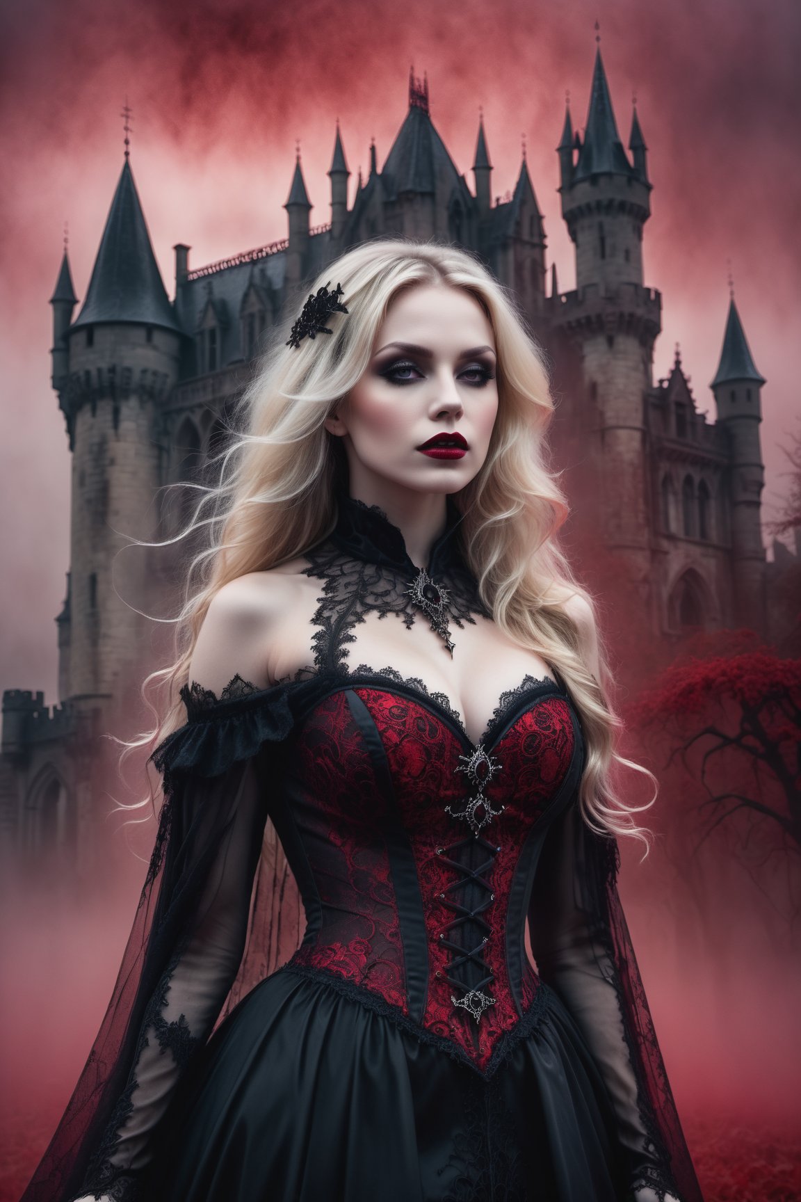 A hauntingly beautiful woman vampire standing in front of a weathered gothic Castle, shrouded in thick red -hued fog that morphs into an eerie aura. Her pale skin and blonde very, very long hair contrast against the dark Black lacie gothic dress,  with filigree and Zentangle patterns, punctuated by dripping oil textures. Her closed hands cradle her curvy figure, emphasizing her  muscular physique, The dramatic lighting creates stark catchlights and shadows, highlighting her haunting beauty amidst a desolate gothic Castle backdrop bathed in red hues.