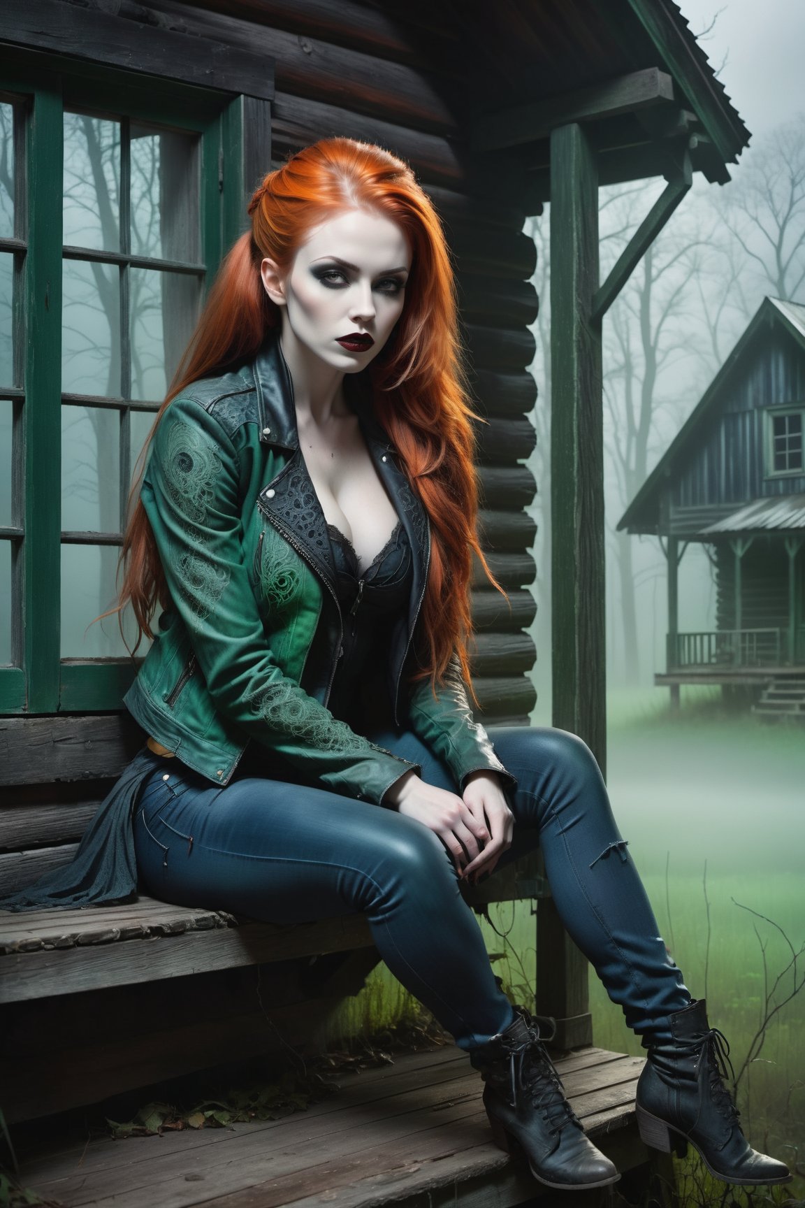 A hauntingly beautiful woman vampire ((sitting on the  on a porch of a old creepy cabin)), shrouded in thick Green-hued fog that morphs into an eerie aura. Her pale skin and Orange hair in a long, tall ponytail, contrast against the Blue jean pants, black leather jacket with filigree and Zentangle patterns, punctuated by dripping oil textures. Her closed hands cradle her curvy figure, emphasizing her very muscular physique, The dramatic lighting creates stark catchlights and shadows, highlighting her haunting beauty amidst a desolate cabin backdrop bathed in Green hues.