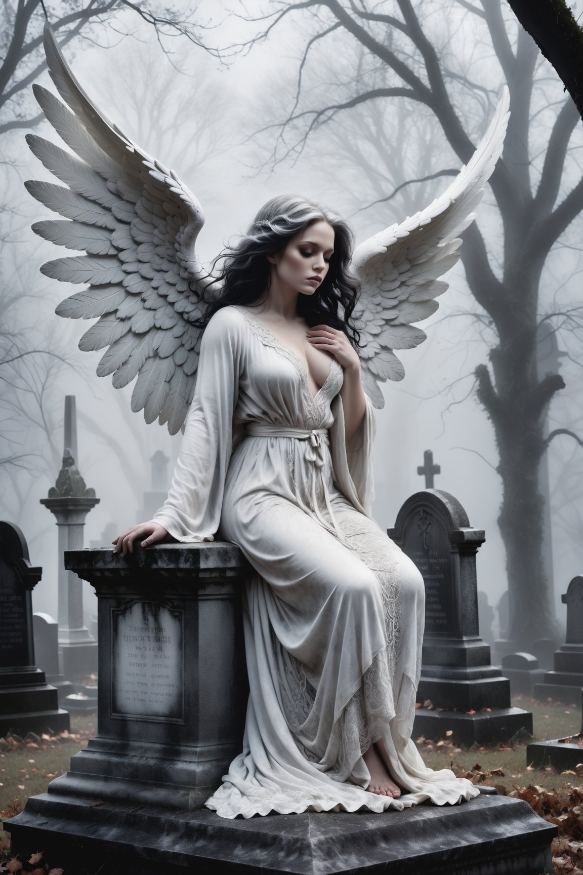 A hauntingly beautiful illustration: A White angel perches atop a weathered gravestone in a desolate cemetery, shrouded in thick fog that morphs into a ghostly aura. Dramatic lighting creates stark catchlights and shadows, highlighting the angel's pale skin, filigree, and Zentangle patterns, rendered in bold strokes against darkness. The angel's closed hands cradle her curvy figure, emphasizing her muscular physique. wearing a long White robe, Her White and black two-tone hair cascades down her back, framing a captivating close-up portrait.