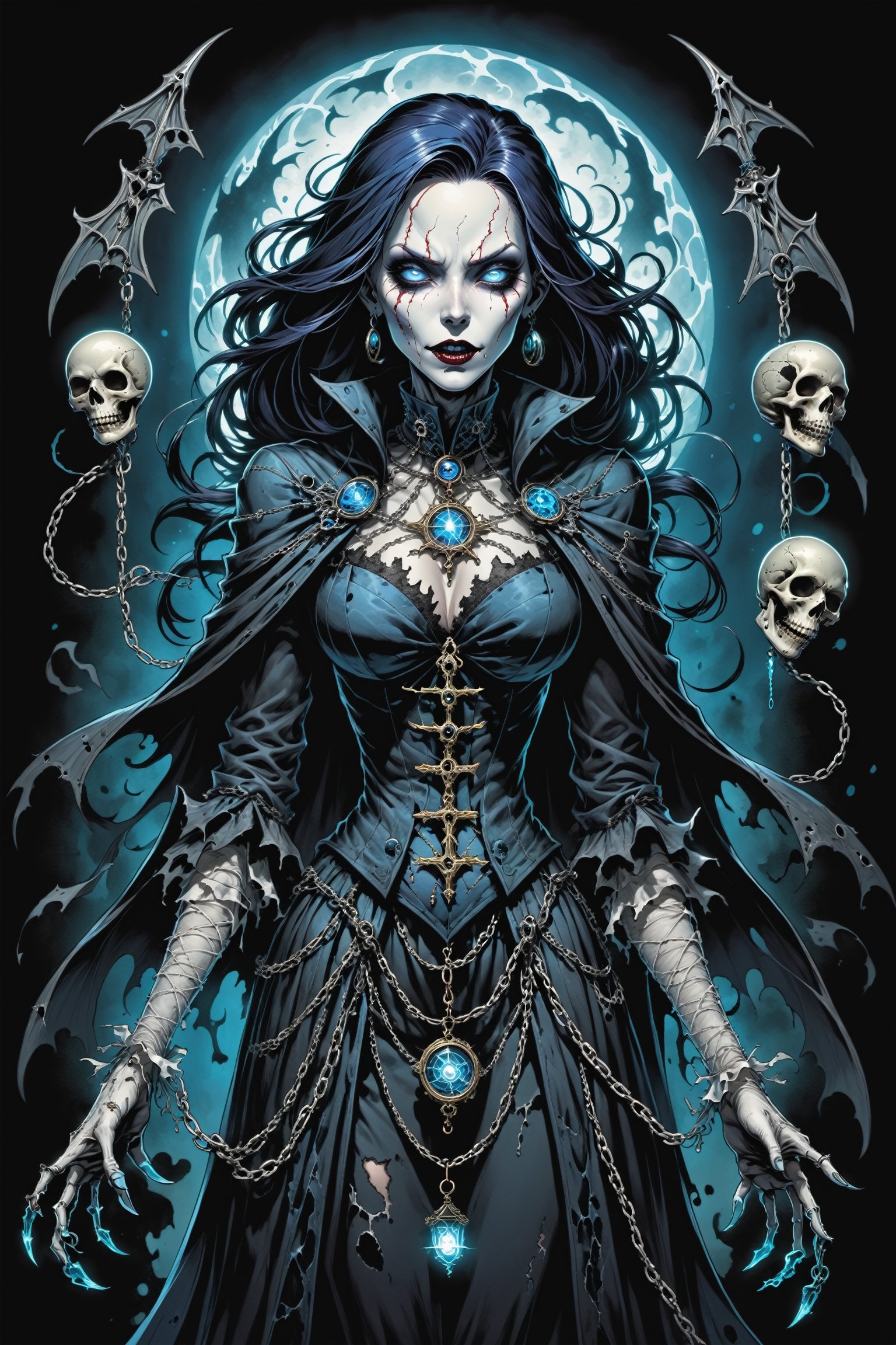 midshot, cel-shading style, centered image, ultra detailed illustration of the comic character ((female Spawn Victorian horror theme, a character of a spectral figure known as the "Haunted Harbinger", a ghostly apparition of a long-dead aristocrat, wears a tattered once-opulent suit adorned with decayed medals and frayed lace, translucent skin glows with an ethereal blue light,  eyes are empty sockets that emit a ghostly mist, chains hang from its wrists and ankles dragging along the ground with a haunting clatter, twisted face in eternal agony, carries a spectral lantern that casts an eerie flickering light by, Todd McFarlane)), posing,  with a skull emblem, ((holding a spear)), (((Full Body))),(((perfect hands))), (((accurate hands))), (((realistic hands))), (tetradic colors), inkpunk, ink lines, strong outlines, art by MSchiffer, bold traces, unframed, high contrast, cel-shaded, vector, 4k resolution, best quality, (chromatic aberration:1.8)