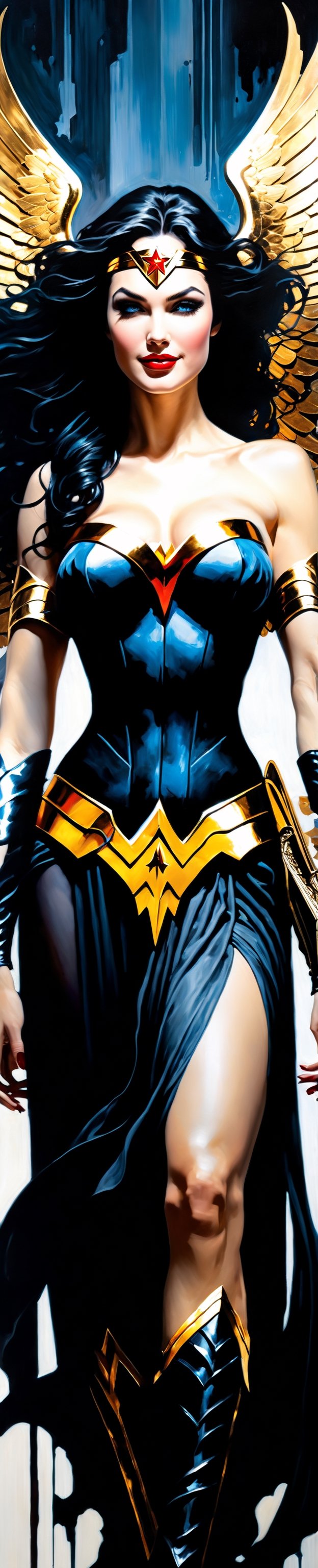 Ultra wide angle,  photorealistic medieval gothic shot of an exciting fusion between an angel and Wonder woman,  full body...