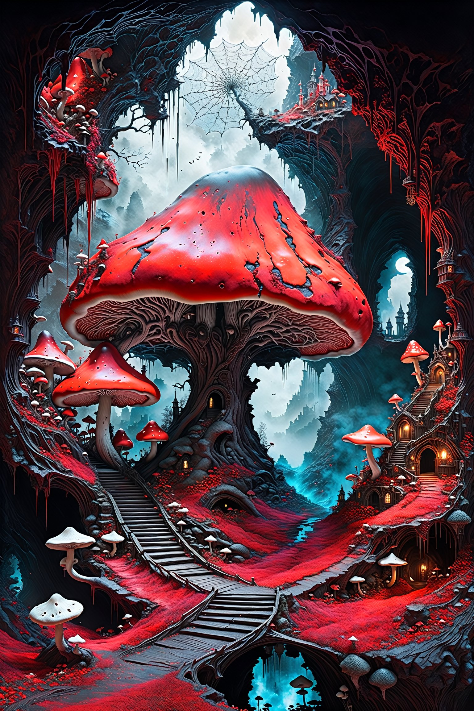 Ultra-wide-angle,  photorealistic medieval gothic steam punk shot of an exciting fusion between Spawn and ((A spiderweb an...