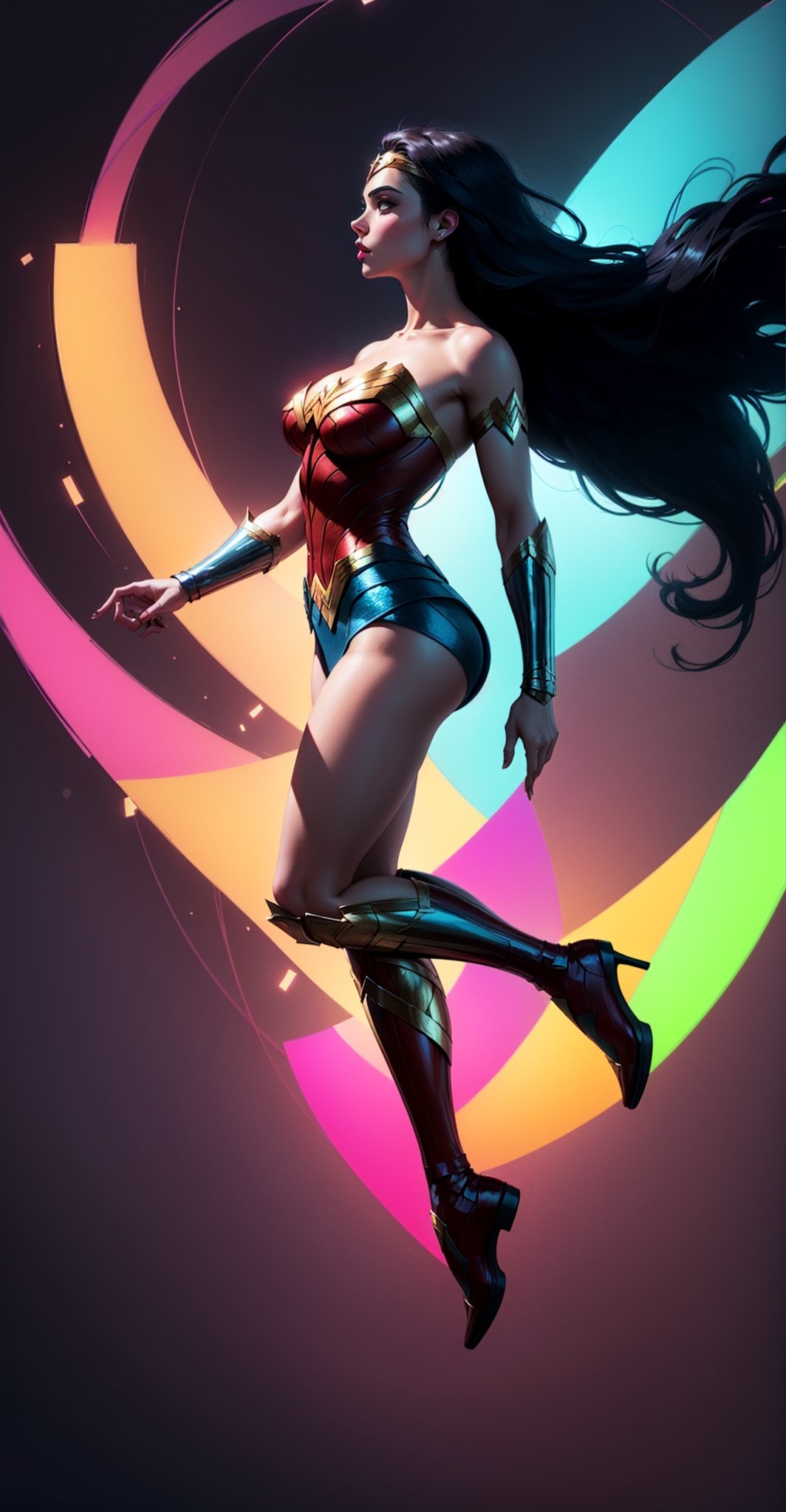 Wonder Woman (big tits),(( side view,)),((full body)),((floating in air)),masterpiece, best quality, ((abstract, psychedelic, neon, background)),(creative:1.3), sy3, SMM, fantasy00d