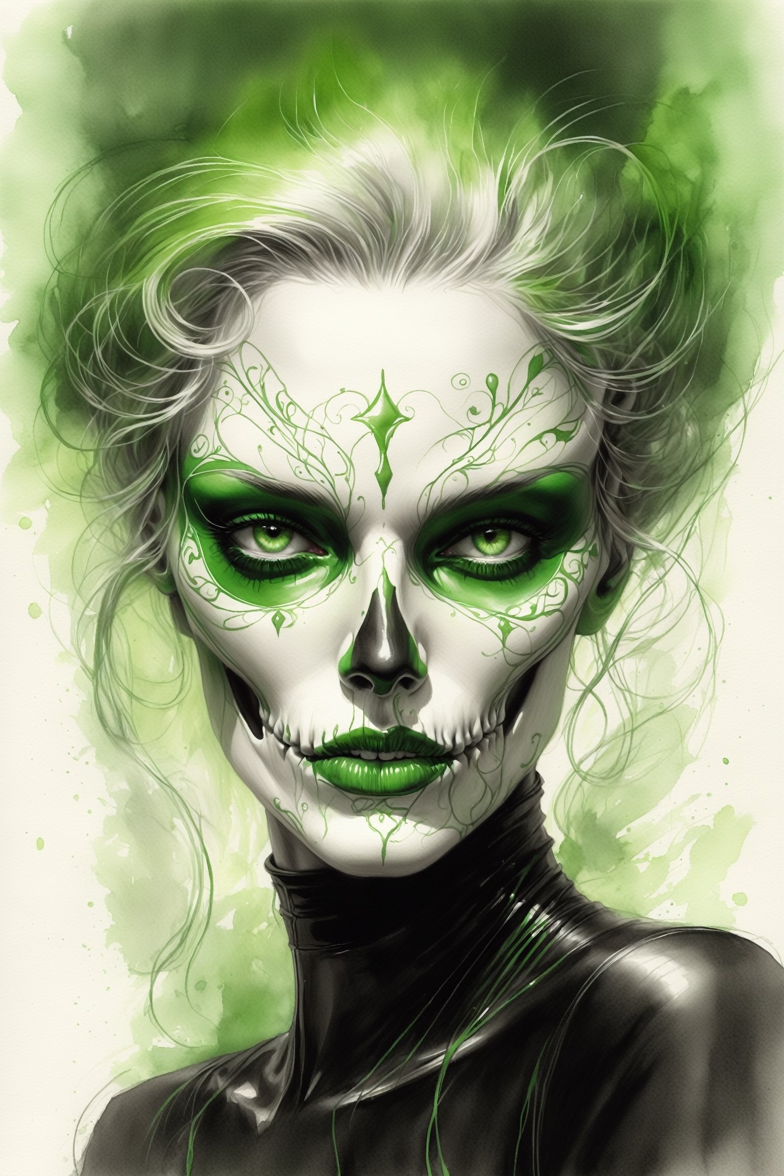 pencil Sketch of a beautiful green ((skull)), portrait by Charles Miano, ink drawing, illustrative art, soft lighting, detailed, more Flowing rhythm, elegant, low contrast, add soft blur with thin line, full red lips, green eyes, black clothes.