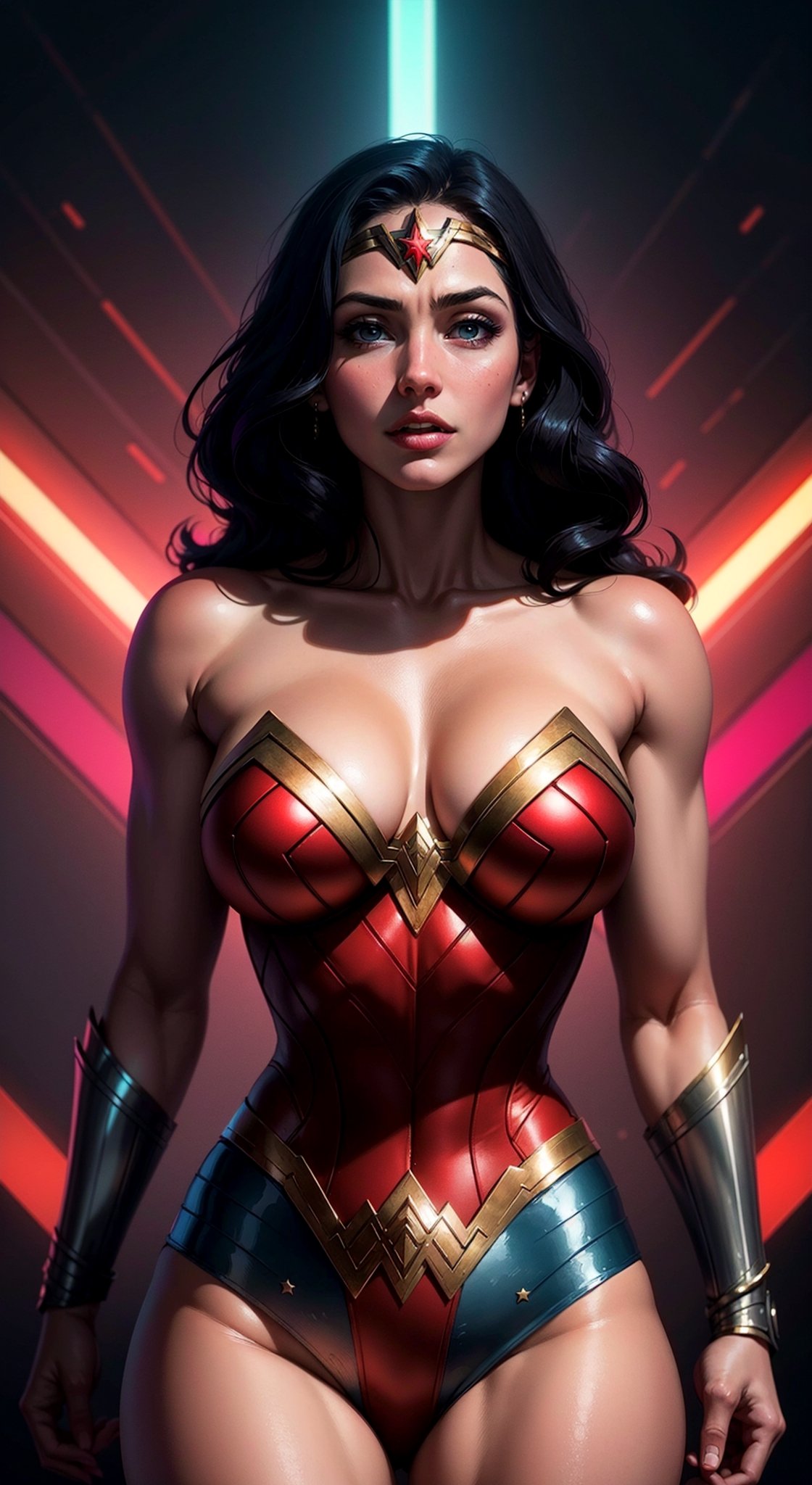 Wonder Woman (big tits) masterpiece, best quality, ((abstract, psychedelic, neon, background)),(creative:1.3), sy3, SMM, fantasy00d