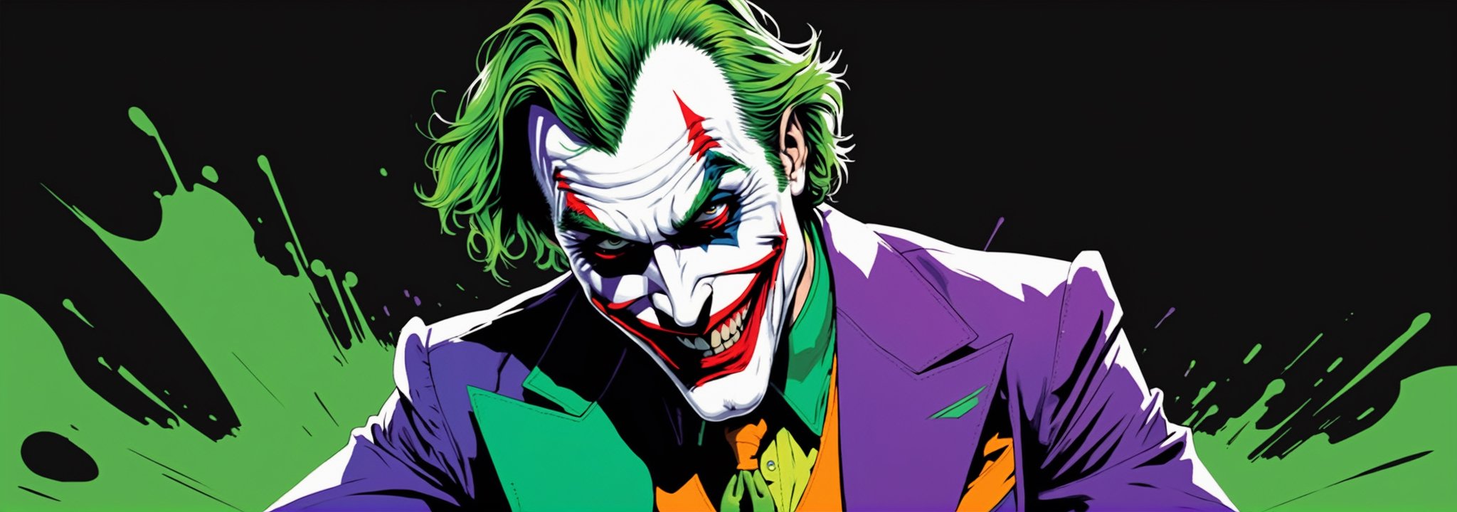 midshot, cel-shading style, centered image, ultra detailed illustration of The Joker, posing, ((Full Body)), (tetradic colors), ((inkpunk)), ((ink lines)), strong outlines, art by MSchiffer, bold traces, unframed, high contrast, cel-shaded, 4k resolution, best quality, (chromatic aberration:1.8)