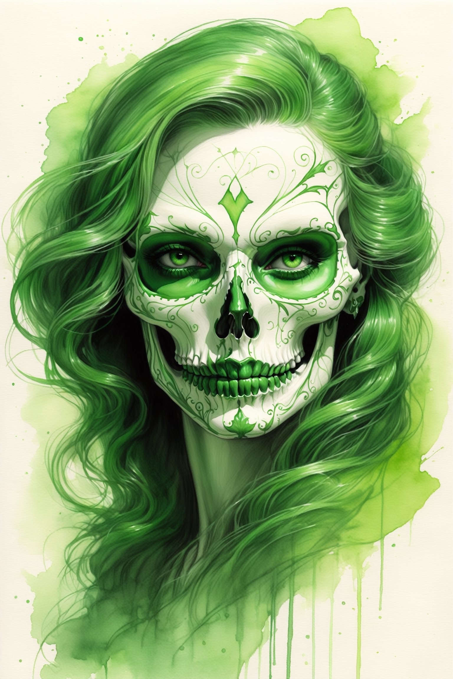 pencil Sketch of a beautiful green ((skull)), portrait by Charles Miano, ink drawing, illustrative art, soft lighting, detailed, more Flowing rhythm, elegant, low contrast, add soft blur with thin line, full red lips, green eyes, black clothes.