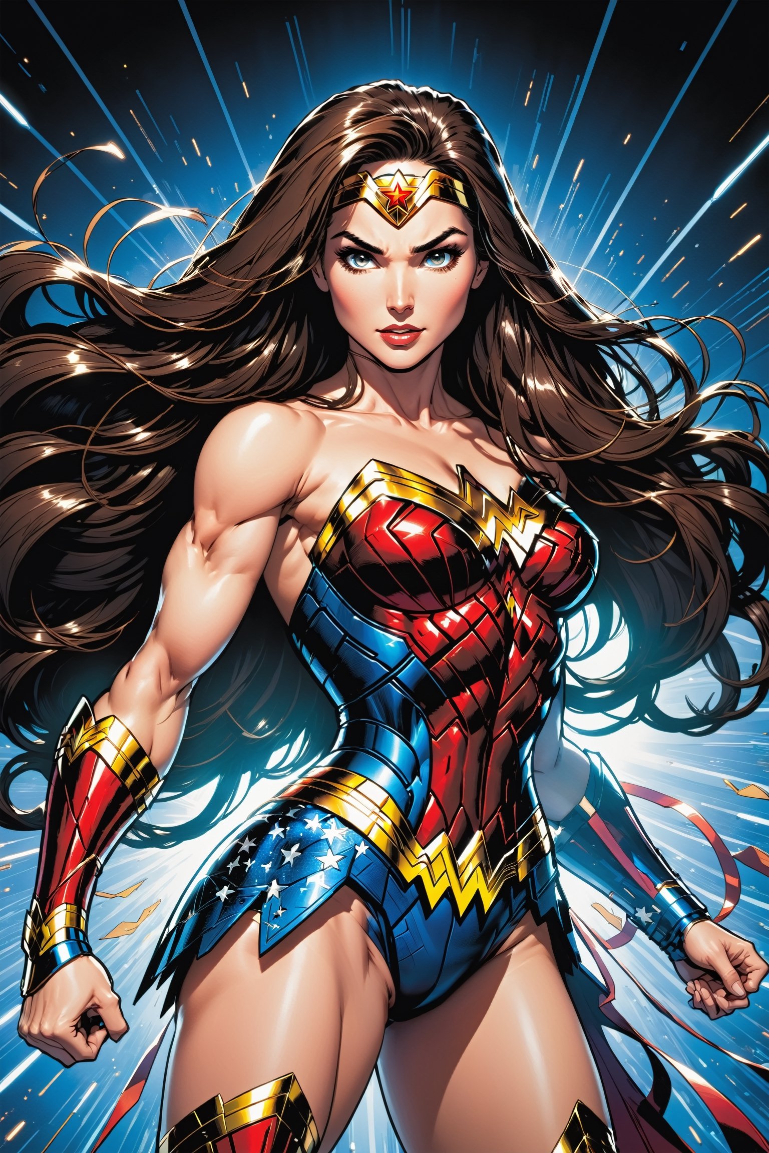 Midshot of blend of a female Spawn and Wonder Woman,  centered in a cel-shading style illustration,  ultra detailed and me...