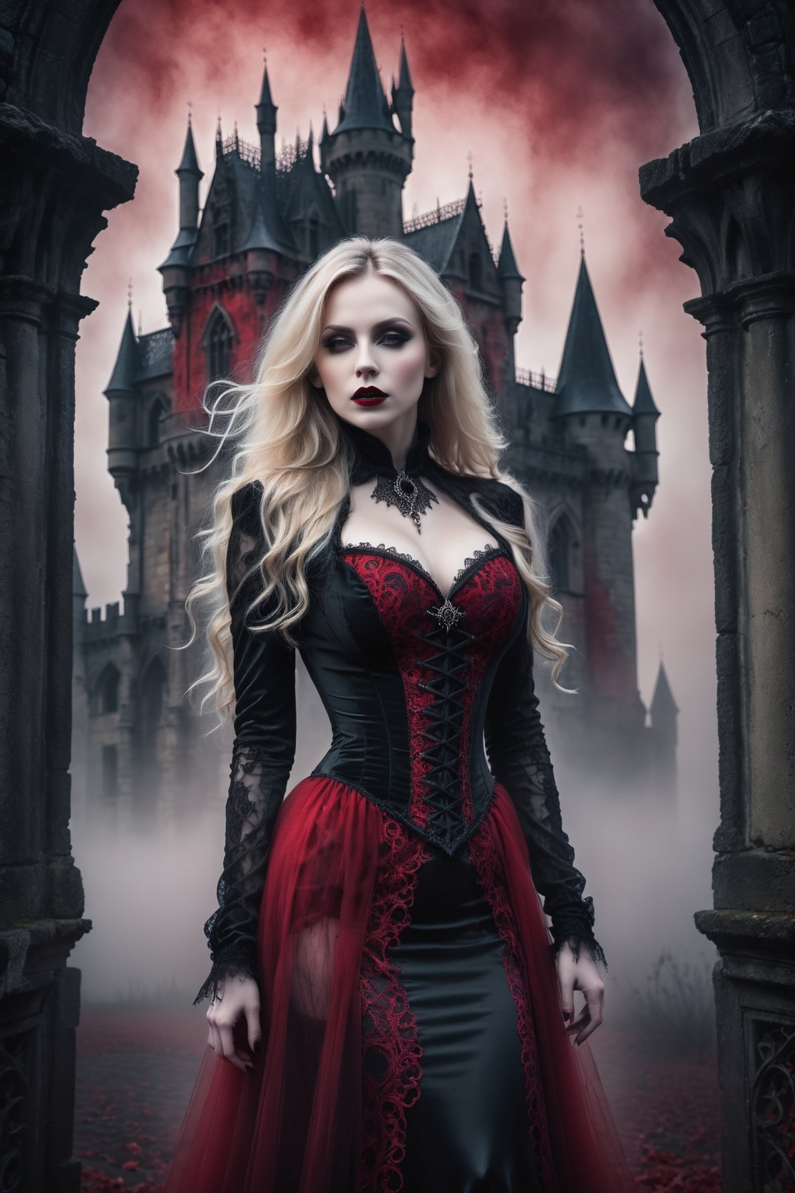 A hauntingly beautiful woman vampire standing in front of a weathered gothic Castle, shrouded in thick red -hued fog that morphs into an eerie aura. Her pale skin and blonde very, very long hair contrast against the dark Black lacie gothic dress,  with filigree and Zentangle patterns, punctuated by dripping oil textures. Her closed hands cradle her curvy figure, emphasizing her  muscular physique, The dramatic lighting creates stark catchlights and shadows, highlighting her haunting beauty amidst a desolate gothic Castle backdrop bathed in red hues.