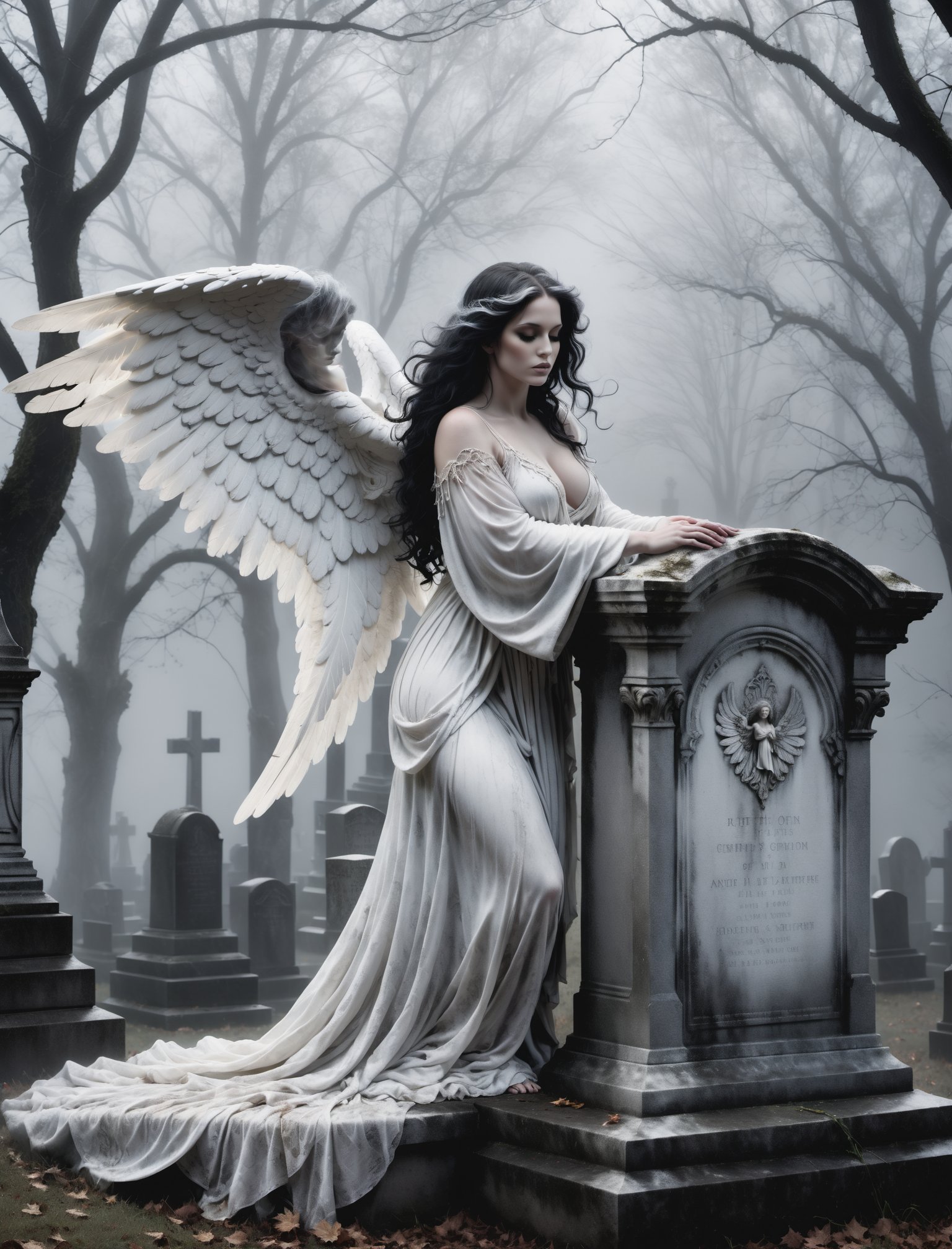 A hauntingly beautiful illustration: A White angel perches atop a weathered gravestone in a desolate cemetery, shrouded in thick fog that morphs into a ghostly aura. Dramatic lighting creates stark catchlights and shadows, highlighting the angel's pale skin, filigree, and Zentangle patterns, rendered in bold strokes against darkness. The angel's closed hands cradle her curvy figure, emphasizing her muscular physique. wearing a long White robe, Her White and black two-tone hair cascades down her back, framing a captivating close-up portrait.