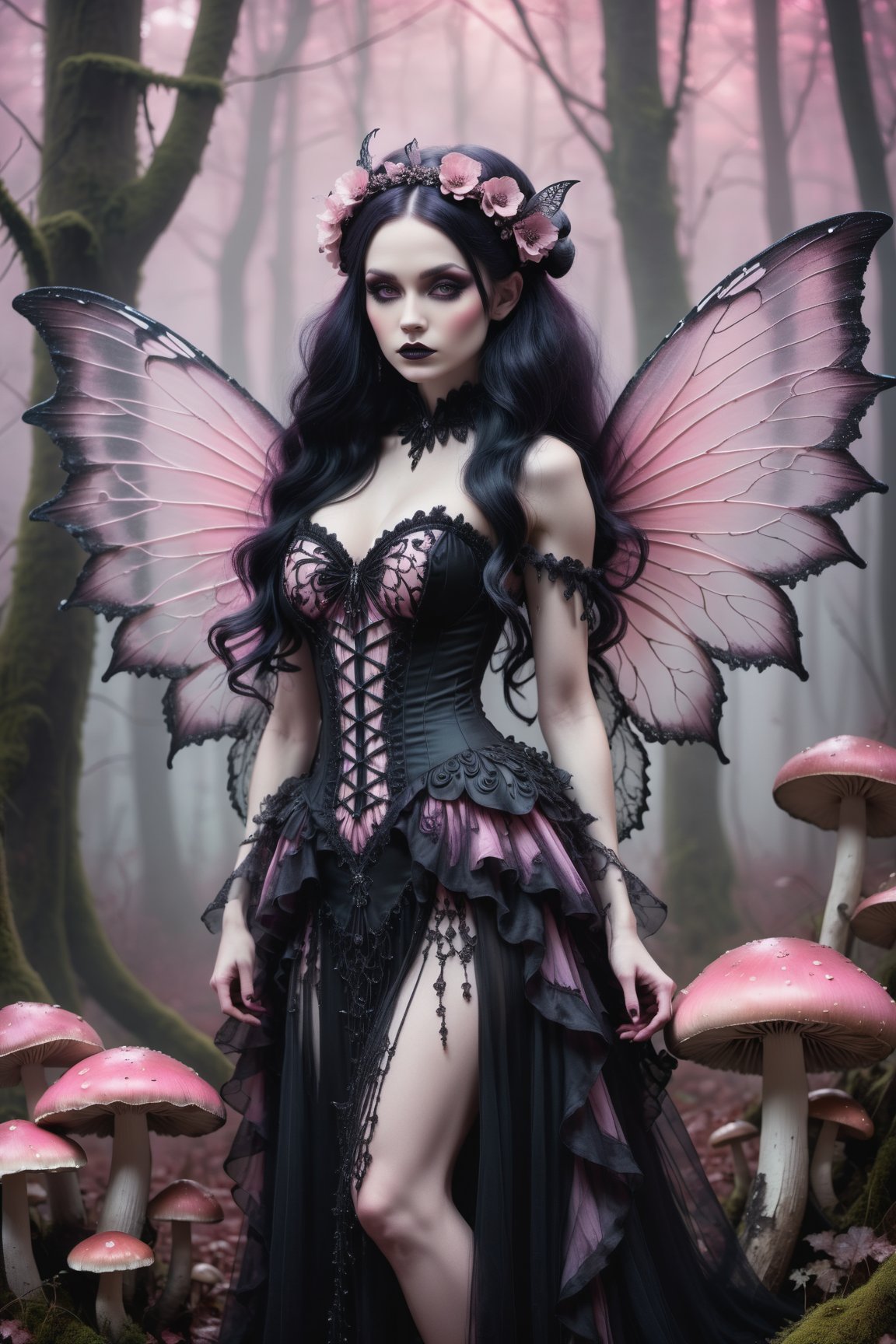 A hauntingly beautiful woman (((gothic fairy with Beautiful, detailed wings))) wearing Lacie victorian clothing (((standing beside giant mushrooms))), shrouded in thick pink-hued fog that morphs into an eerie aura. Her pale skin and  very, very long hair contrast against the dark Gothic dress,  with filigree and Zentangle patterns, punctuated by dripping oil textures. Her closed hands cradle her muscular figure, emphasizing her muscular physique, The dramatic lighting creates stark catchlights and shadows, highlighting her haunting beauty amidst A forest with mushrooms everywhere backdrop bathed in pink hues.