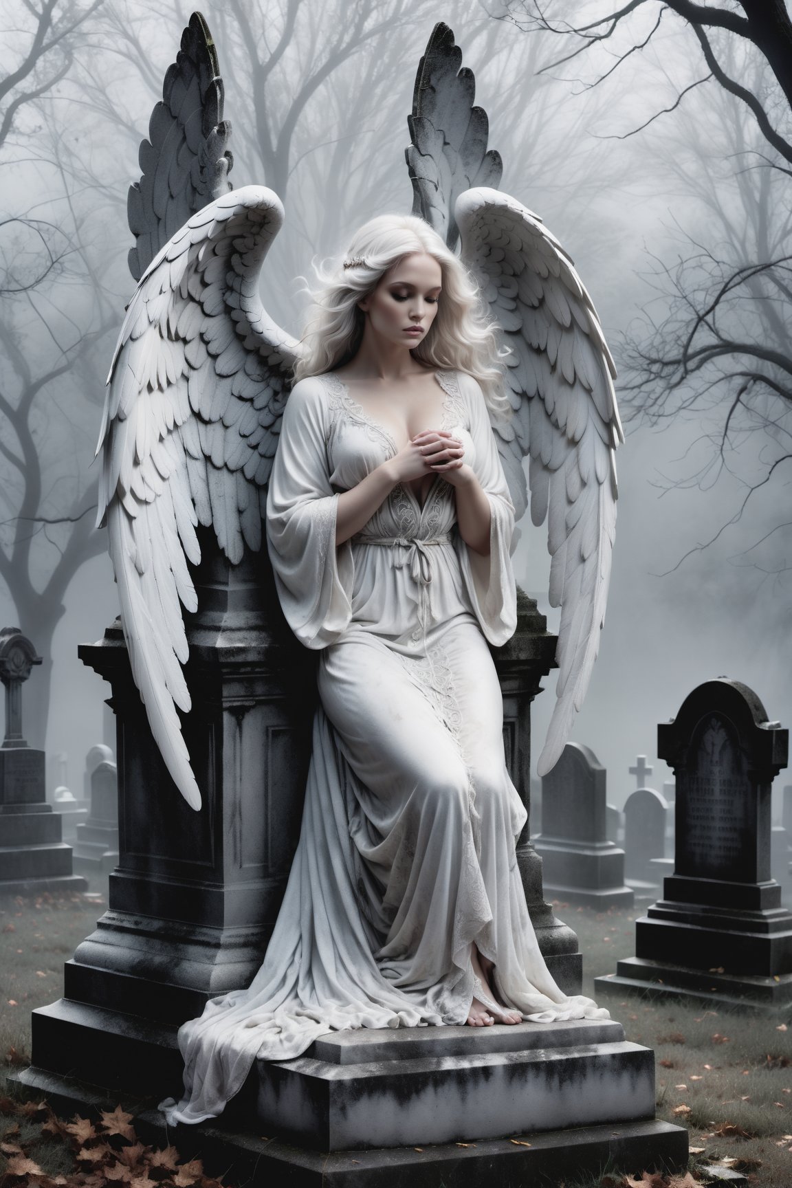 A hauntingly beautiful illustration: A White angel perches atop a weathered gravestone in a desolate cemetery, shrouded in thick fog that morphs into a ghostly aura. Dramatic lighting creates stark catchlights and shadows, highlighting the angel's pale skin, filigree, and Zentangle patterns, rendered in bold strokes against darkness. The angel's closed hands cradle her curvy figure, emphasizing her muscular physique. wearing a long White robe, Her White and black two-tone hair cascades down her back, framing a captivating close-up portrait.