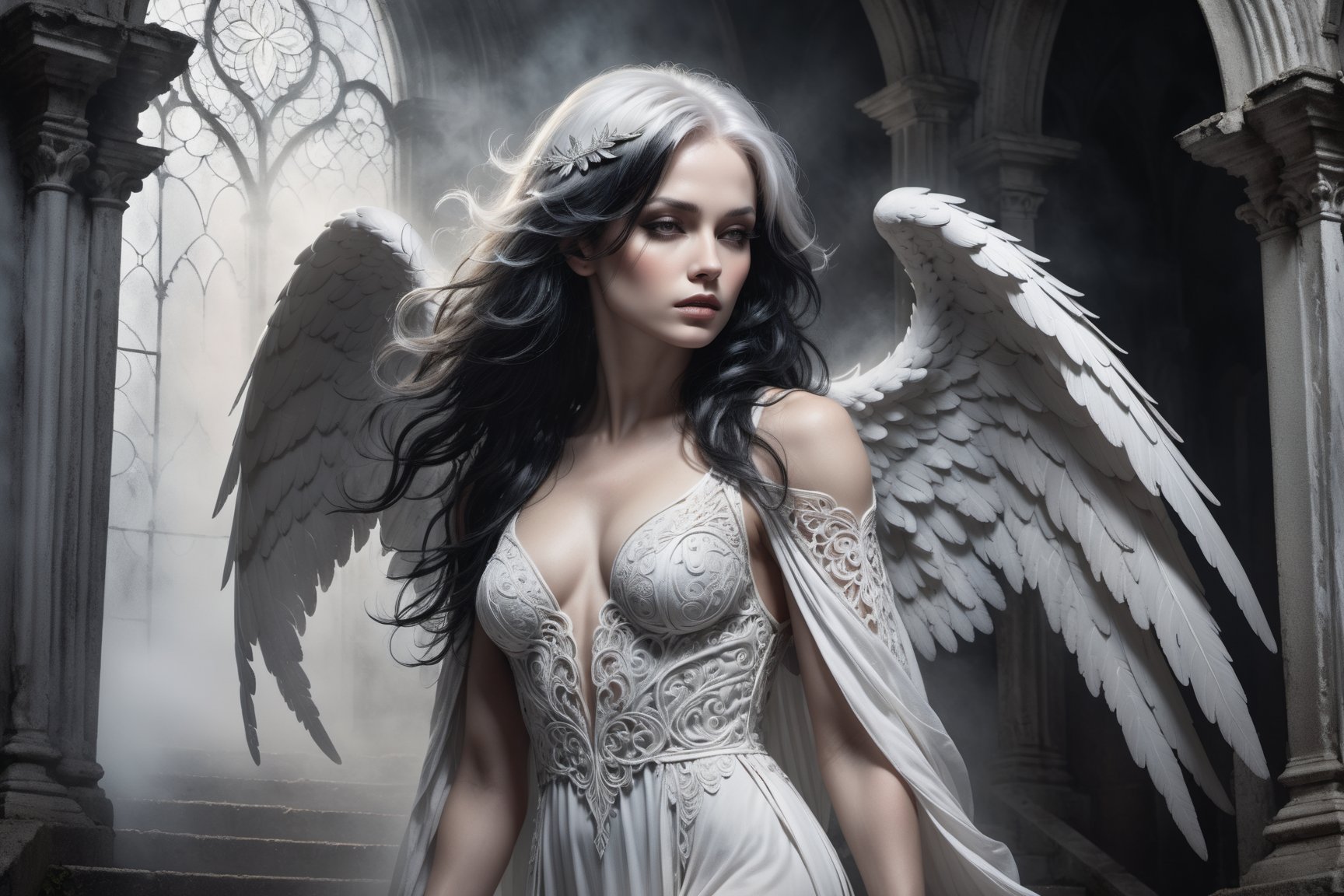 A hauntingly beautiful illustration: A White angel standing on the steps of a weathered desolate church, shrouded in thick fog that morphs into a ghostly aura. Dramatic lighting creates stark catchlights and shadows, highlighting the angel's pale skin, filigree, and Zentangle patterns, rendered in bold strokes against darkness. The angel's closed hands cradle her muscular figure, emphasizing muscular physique ,wearing a very modest long White robe, Her (((White and black two-tone hair))) cascades down her back, framing a captivating close-up portrait.