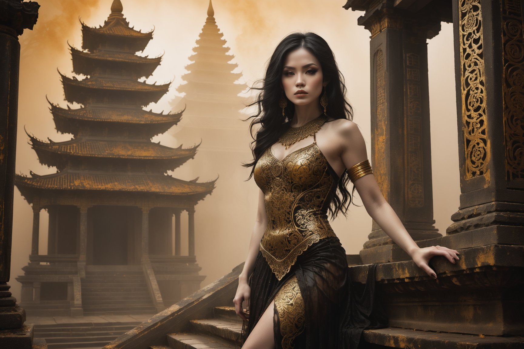 Hauntingly beautiful woman posed on weathered temple steps, shrouded in thick golden fog that morphs into eerie aura. Softly lit by warm orange-golden tones, her pale skin and black hair contrast against dark brown leather attire, complete with intricate filigree patterns. Dripping oil textures add a sense of decay to the scene. Her closed hands cradle her muscular figure, emphasizing its definition. The dramatic lighting casts stark catchlights and shadows, highlighting her haunting beauty amidst the desolate temple backdrop.