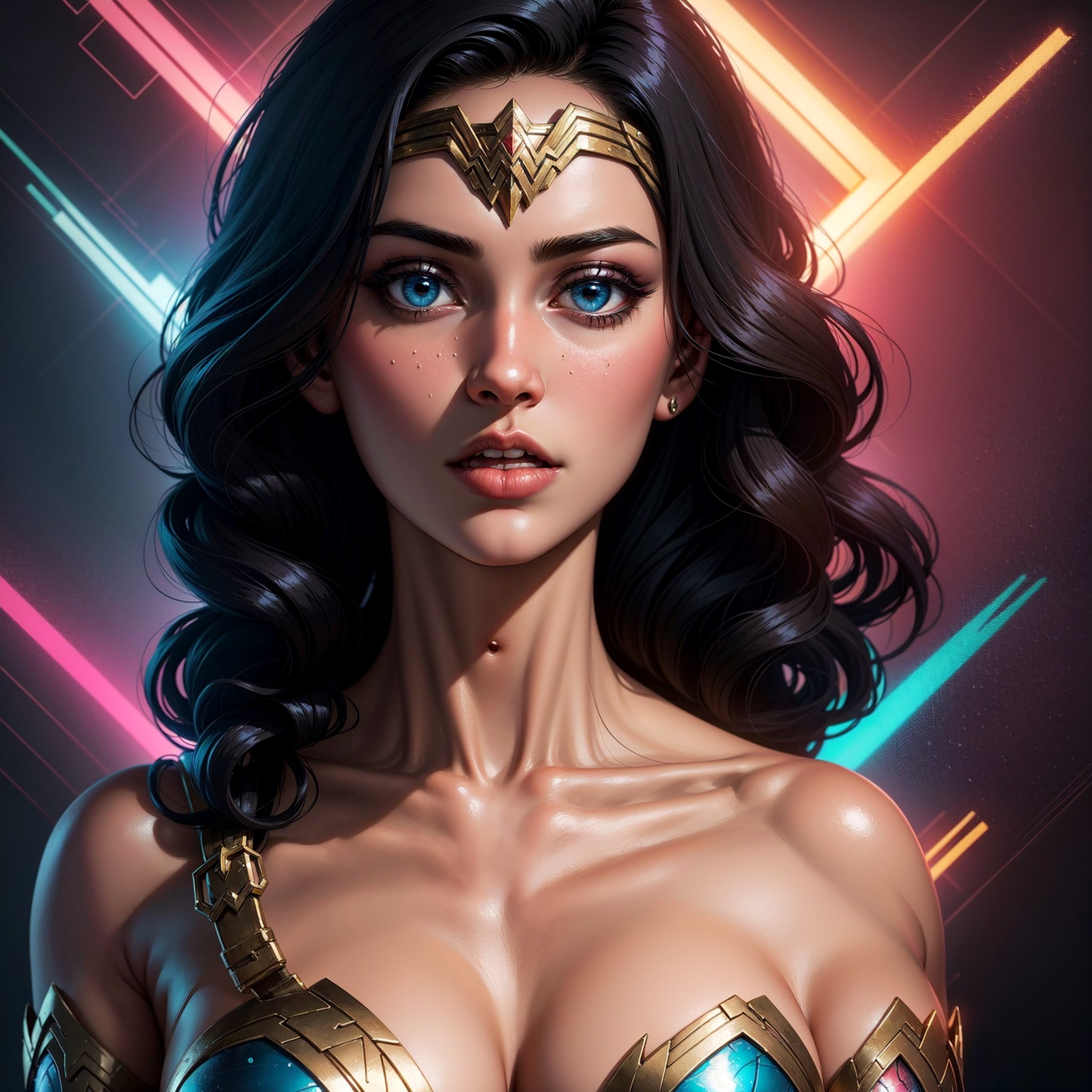 Wonder Woman (big tits) masterpiece, best quality, ((abstract, psychedelic, neon, background)),(creative:1.3), sy3, SMM, fantasy00d