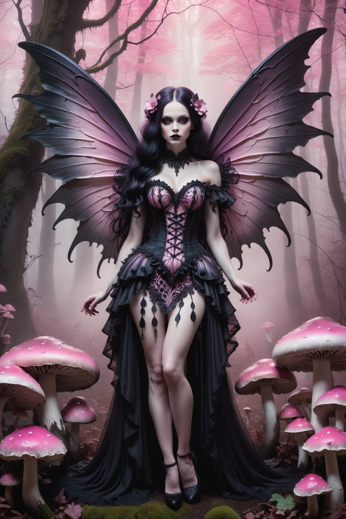 A hauntingly beautiful woman (((gothic fairy with Beautiful, detailed wings))) wearing Lacie victorian clothing (((standing beside giant mushrooms))), shrouded in thick pink-hued fog that morphs into an eerie aura. Her pale skin and  very, very long hair contrast against the dark Gothic dress,  with filigree and Zentangle patterns, punctuated by dripping oil textures. Her closed hands cradle her muscular figure, emphasizing her muscular physique, The dramatic lighting creates stark catchlights and shadows, highlighting her haunting beauty amidst A forest with mushrooms everywhere backdrop bathed in pink hues.