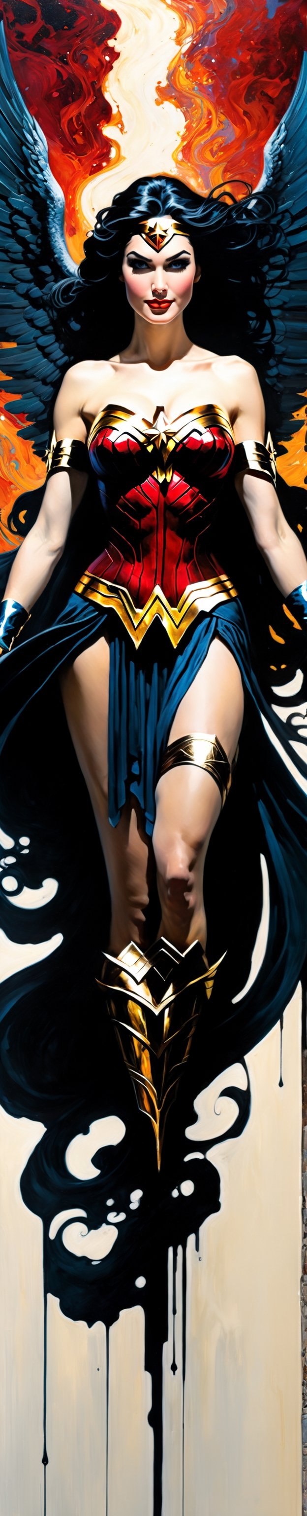 Ultra wide angle,  photorealistic medieval gothic shot of an exciting fusion between an angel and Wonder woman,  full body...