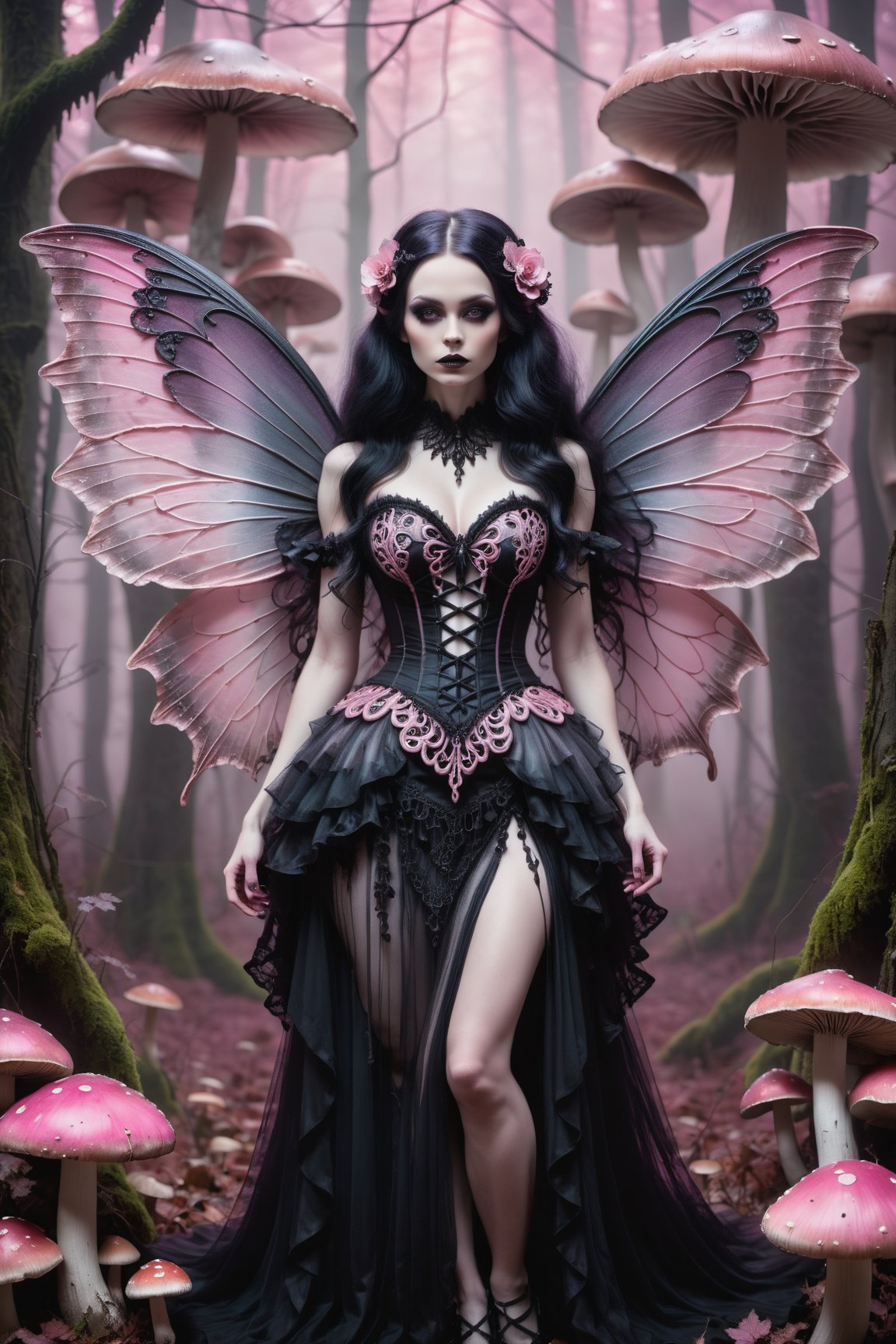 A hauntingly beautiful woman (((gothic fairy with Beautiful, detailed wings))) wearing Lacie victorian clothing (((standing beside giant mushrooms))), shrouded in thick pink-hued fog that morphs into an eerie aura. Her pale skin and  very, very long hair contrast against the dark Gothic dress,  with filigree and Zentangle patterns, punctuated by dripping oil textures. Her closed hands cradle her muscular figure, emphasizing her muscular physique, The dramatic lighting creates stark catchlights and shadows, highlighting her haunting beauty amidst A forest with mushrooms everywhere backdrop bathed in pink hues.