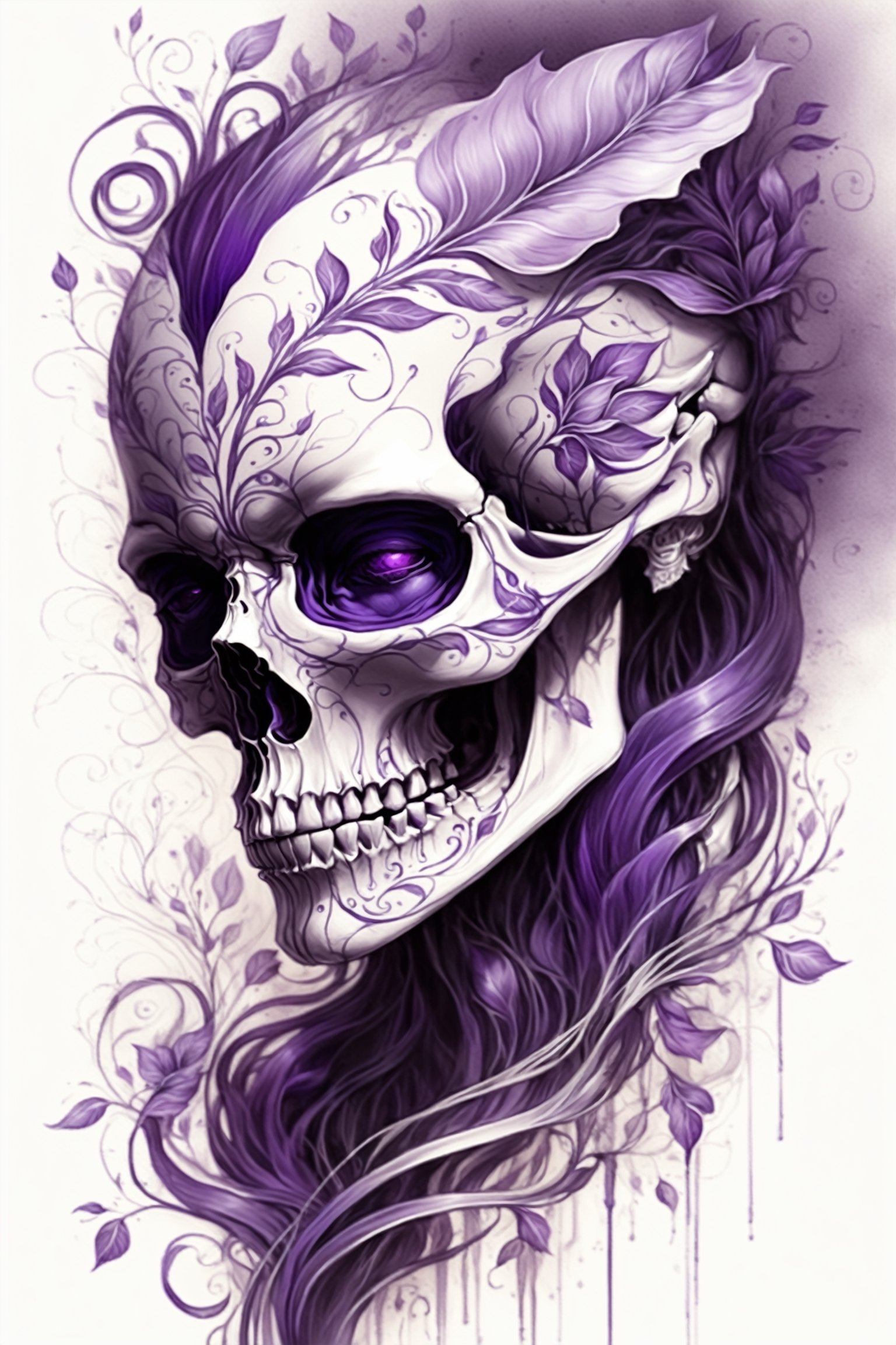 pencil Sketch of a beautiful purple ((skull)), portrait by Charles Miano, ink drawing, flowing intricate ink, designs, illustrative art, soft lighting, detailed, more Flowing rhythm, elegant, low contrast, add soft blur with thin line, full red lips, light lavender eyes, black clothes.