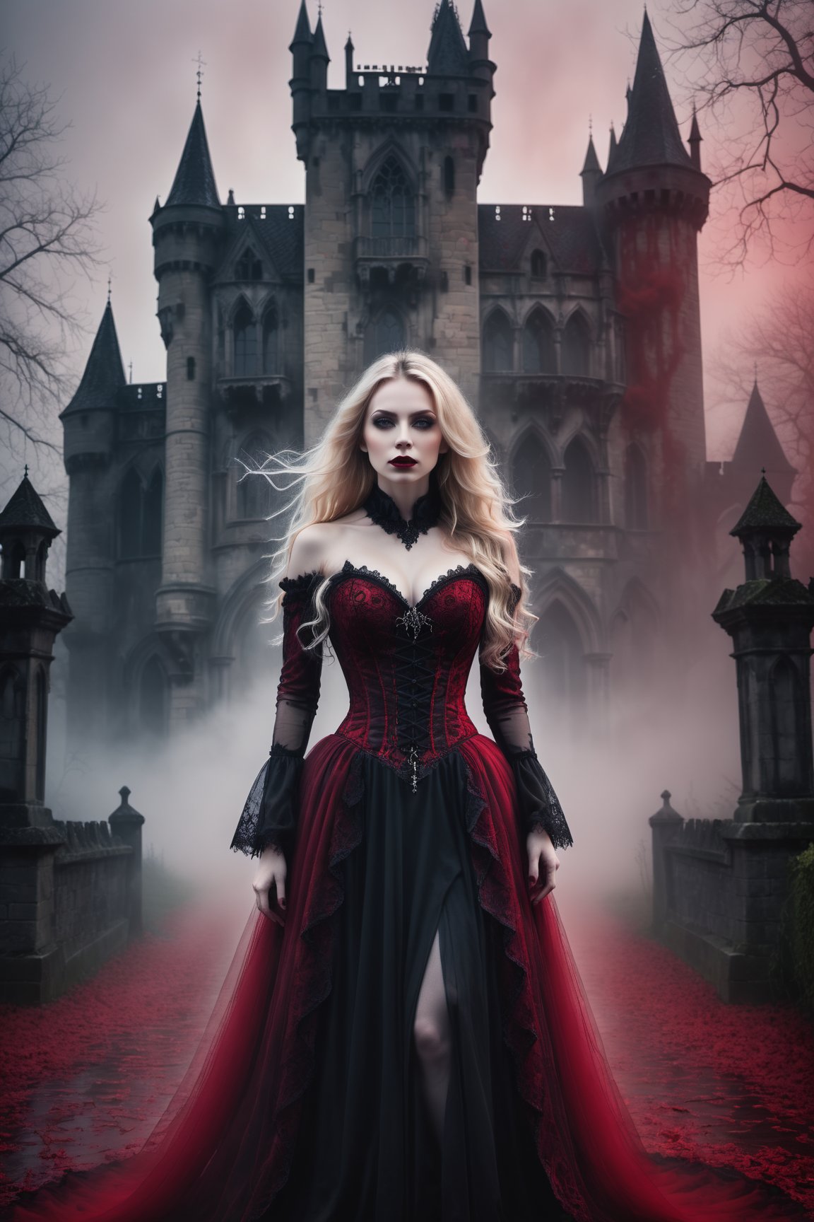 A hauntingly beautiful woman vampire standing in front of a weathered gothic Castle, shrouded in thick red -hued fog that morphs into an eerie aura. Her pale skin and blonde very, very long hair contrast against the dark Black lacie gothic dress,  with filigree and Zentangle patterns, punctuated by dripping oil textures. Her closed hands cradle her curvy figure, emphasizing her  muscular physique, The dramatic lighting creates stark catchlights and shadows, highlighting her haunting beauty amidst a desolate gothic Castle backdrop bathed in red hues.