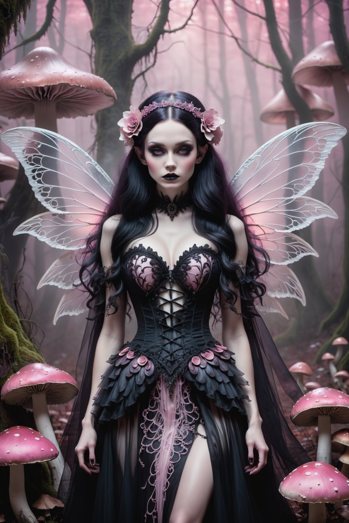 A hauntingly beautiful woman (((gothic fairy with Beautiful, detailed wings))) wearing Lacie victorian clothing (((standing beside giant mushrooms))), shrouded in thick pink-hued fog that morphs into an eerie aura. Her pale skin and  very, very long hair contrast against the dark Gothic dress,  with filigree and Zentangle patterns, punctuated by dripping oil textures. Her closed hands cradle her muscular figure, emphasizing her muscular physique, The dramatic lighting creates stark catchlights and shadows, highlighting her haunting beauty amidst A forest with mushrooms everywhere backdrop bathed in pink hues.