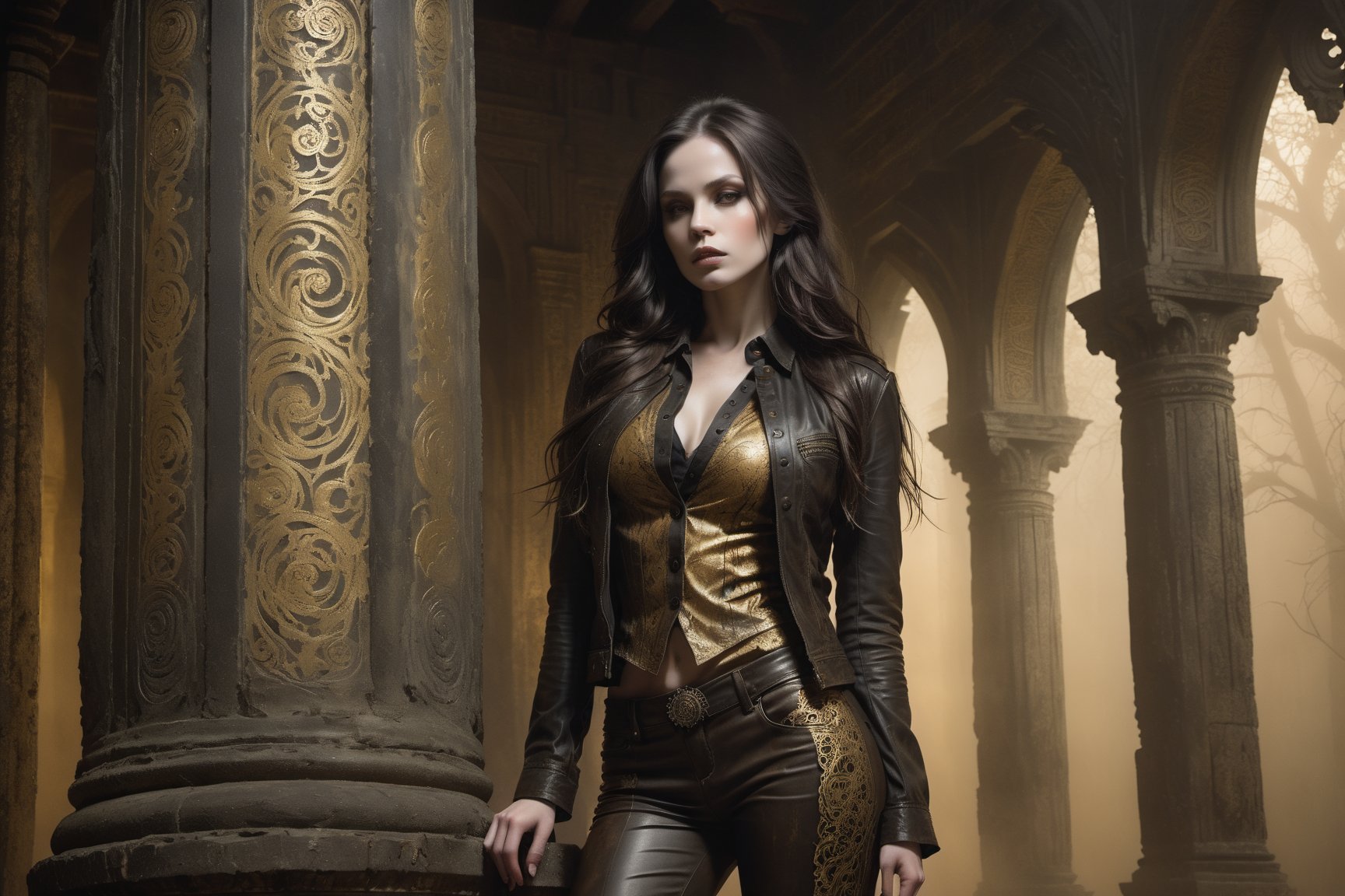 A hauntingly beautiful woman standing leaning against a pillar in a weathered creepy temple, shrouded in thick Golden-hued fog that morphs into an eerie aura. Her pale skin and Black very, very long hair contrast against the dark Brown leather pants, button down shirt,  Brown leather jacket with filigree and Zentangle patterns, punctuated by dripping oil textures. Her closed hands cradle her muscular figure, emphasizing her very muscular figure. The dramatic lighting creates stark catchlights and shadows, highlighting her haunting beauty amidst a desolate creepy temple backdrop bathed in Golden hues.