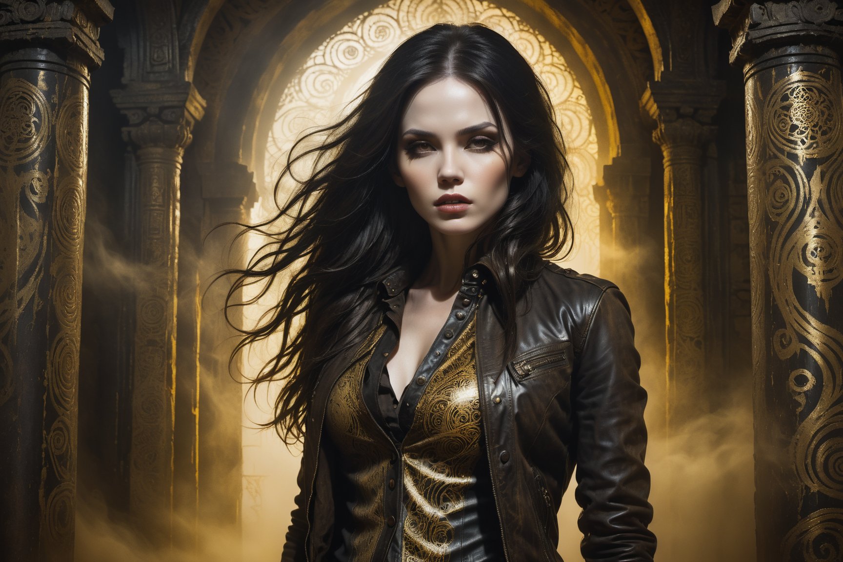 A hauntingly beautiful woman in a weathered creepy temple, shrouded in thick Golden-hued fog that morphs into an eerie aura. (Close-up of her face), Her pale skin and Black very, very long hair contrast against the dark Brown leather pants, button down shirt,  Brown leather jacket with filigree and Zentangle patterns, punctuated by dripping oil textures. Her closed hands cradle her muscular figure, emphasizing her very muscular figure. The dramatic lighting creates stark catchlights and shadows, highlighting her haunting beauty amidst a desolate creepy temple backdrop bathed in Golden hues.