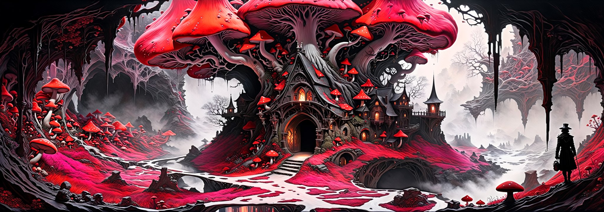 Ultra-wide-angle,  photorealistic medieval gothic steam punk shot of an exciting fusion between Spawn and ((A spiderweb an...