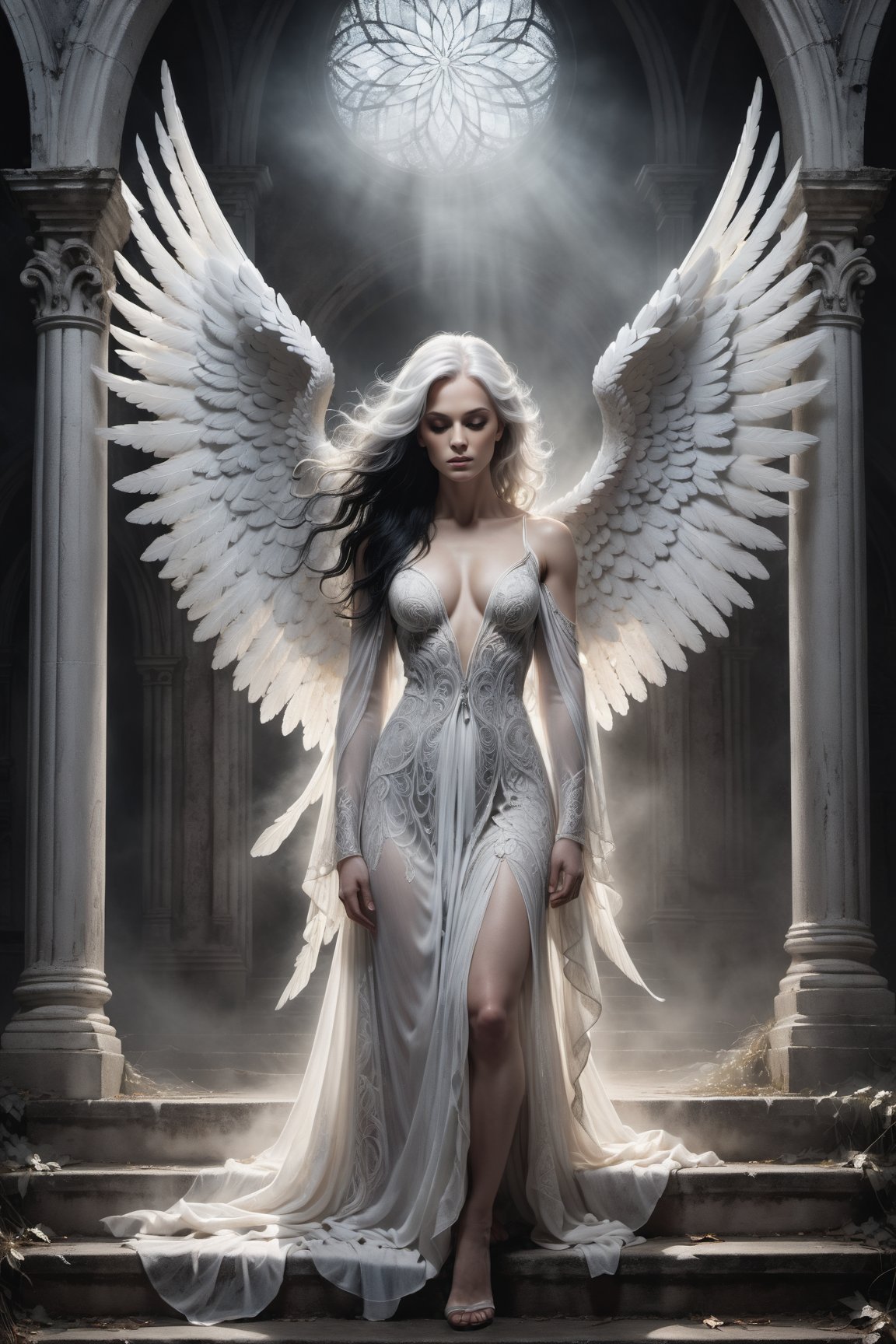 A hauntingly beautiful illustration: A White angel standing on the steps of a weathered desolate church, shrouded in thick fog that morphs into a ghostly aura. Dramatic lighting creates stark catchlights and shadows, highlighting the angel's pale skin, filigree, and Zentangle patterns, rendered in bold strokes against darkness. The angel's closed hands cradle her muscular figure, emphasizing muscular physique ,wearing a very modest long White robe, Her (((White and black two-tone hair))) cascades down her back, framing a captivating close-up portrait.