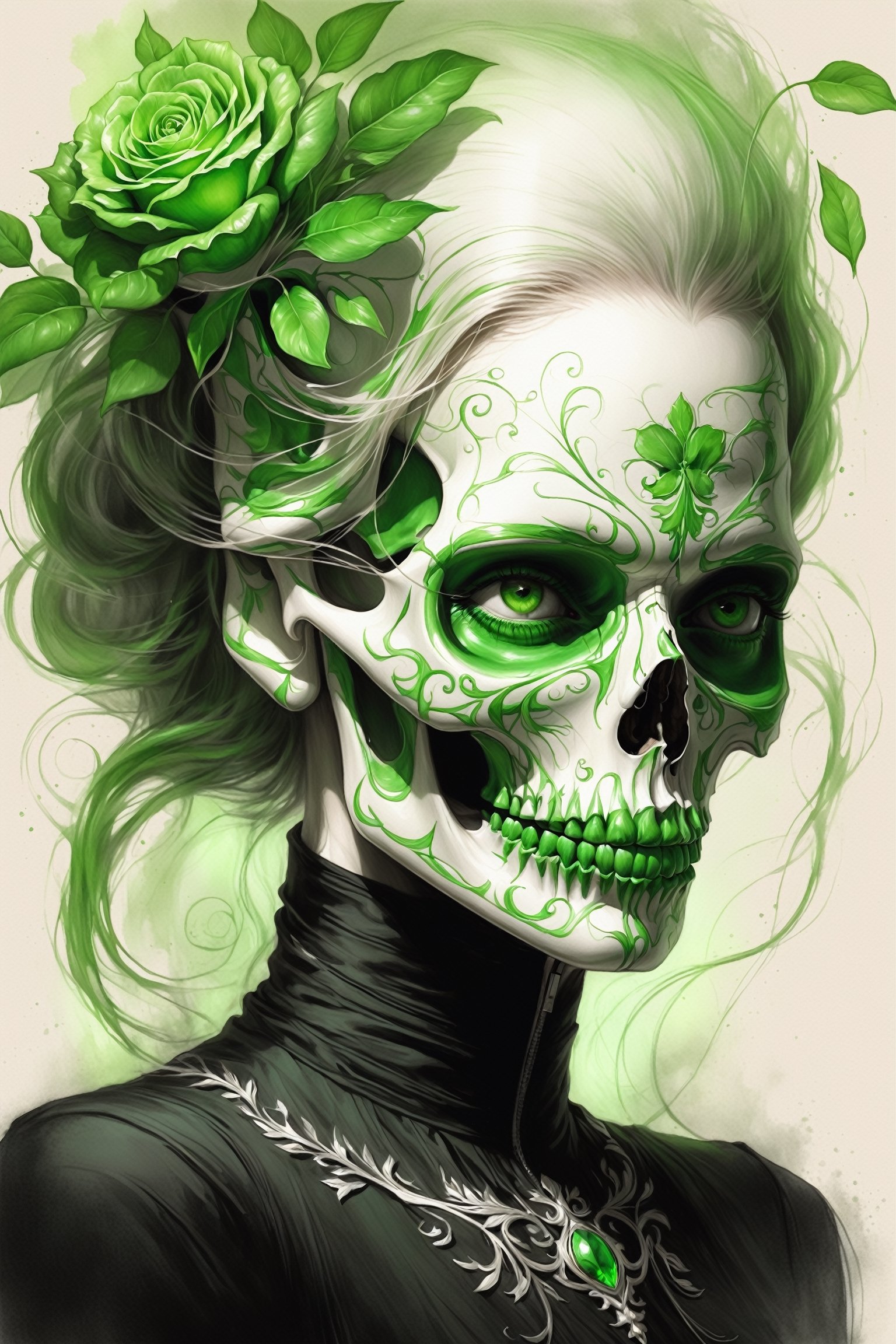 pencil Sketch of a beautiful green ((skull)), portrait by Charles Miano, ink drawing, illustrative art, soft lighting, detailed, more Flowing rhythm, elegant, low contrast, add soft blur with thin line, full red lips, green eyes, black clothes.