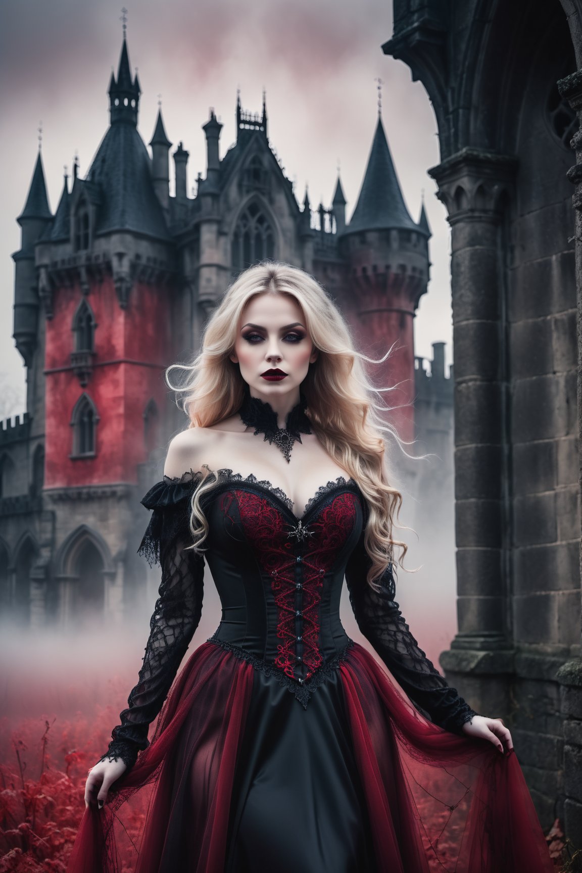 A hauntingly beautiful woman vampire standing in front of a weathered gothic Castle, shrouded in thick red -hued fog that morphs into an eerie aura. Her pale skin and blonde very, very long hair contrast against the dark Black lacie gothic dress,  with filigree and Zentangle patterns, punctuated by dripping oil textures. Her closed hands cradle her curvy figure, emphasizing her  muscular physique, The dramatic lighting creates stark catchlights and shadows, highlighting her haunting beauty amidst a desolate gothic Castle backdrop bathed in red hues.