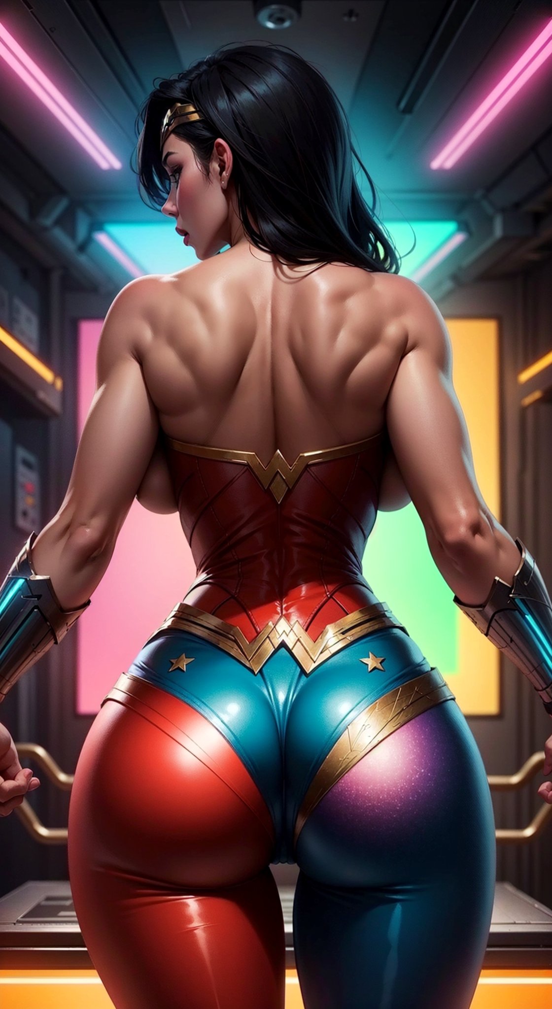 Wonder Woman (big tits),(( view from behind)), masterpiece, best quality, ((abstract, psychedelic, neon, background)),(creative:1.3), sy3, SMM, fantasy00d