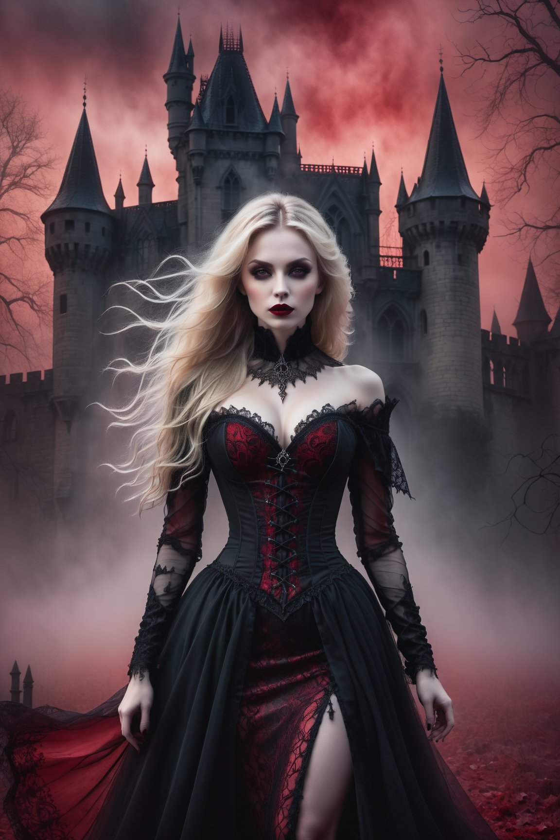 A hauntingly beautiful woman vampire standing in front of a weathered gothic Castle, shrouded in thick red -hued fog that morphs into an eerie aura. Her pale skin and blonde very, very long hair contrast against the dark Black lacie gothic dress,  with filigree and Zentangle patterns, punctuated by dripping oil textures. Her closed hands cradle her curvy figure, emphasizing her  muscular physique, The dramatic lighting creates stark catchlights and shadows, highlighting her haunting beauty amidst a desolate gothic Castle backdrop bathed in red hues.