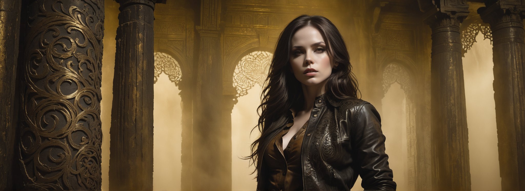 A hauntingly beautiful woman standing leaning against a pillar in a weathered creepy temple, shrouded in thick Golden-hued fog that morphs into an eerie aura. Her pale skin and Black very, very long hair contrast against the dark Brown leather pants, button down shirt,  Brown leather jacket with filigree and Zentangle patterns, punctuated by dripping oil textures. Her closed hands cradle her muscular figure, emphasizing her very muscular figure. The dramatic lighting creates stark catchlights and shadows, highlighting her haunting beauty amidst a desolate creepy temple backdrop bathed in Golden hues.