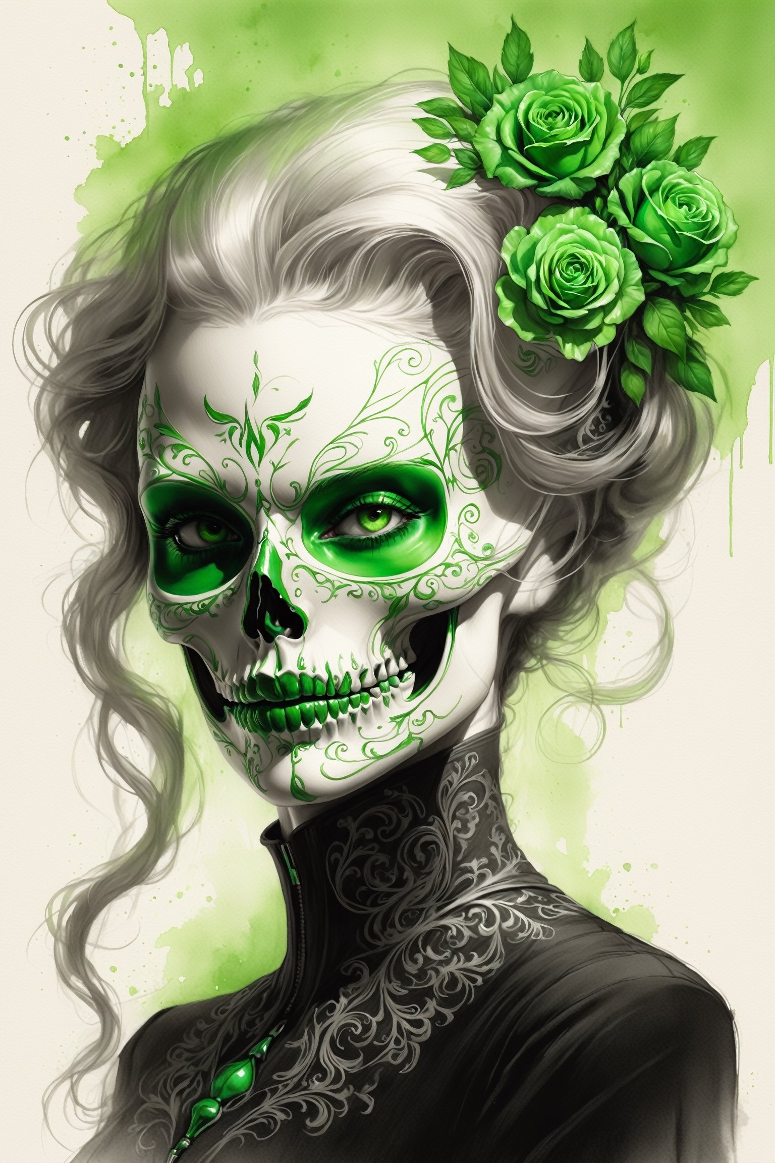 pencil Sketch of a beautiful green ((skull)), portrait by Charles Miano, ink drawing, illustrative art, soft lighting, detailed, more Flowing rhythm, elegant, low contrast, add soft blur with thin line, full red lips, green eyes, black clothes.