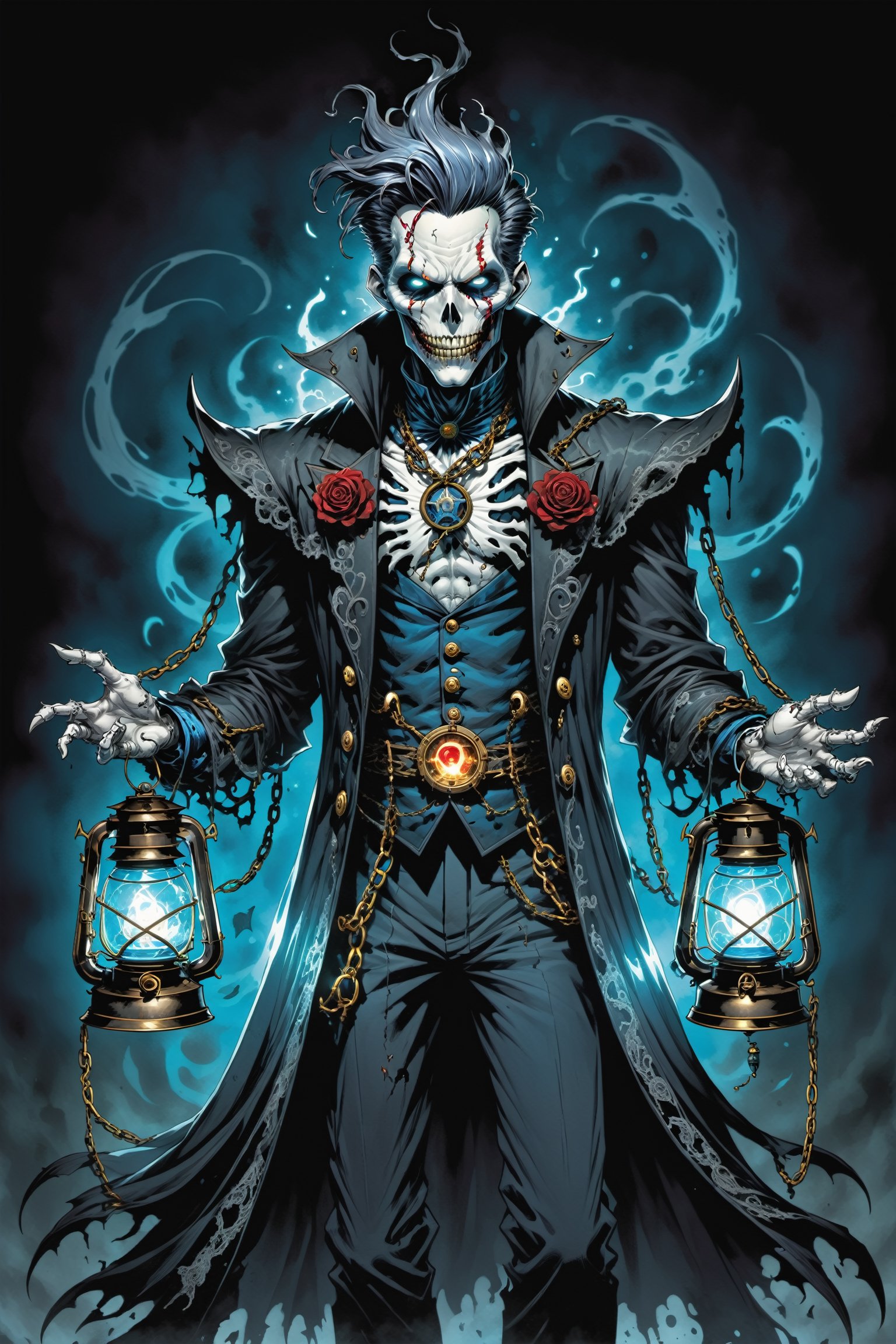 midshot, cel-shading style, centered image, ultra detailed illustration of the comic character (( Spawn Victorian horror theme, a character of a spectral figure known as the "Haunted Harbinger", a ghostly apparition of a long-dead aristocrat, wears a tattered once-opulent suit adorned with decayed medals and frayed lace, translucent skin glows with an ethereal blue light,  eyes are empty sockets that emit a ghostly mist, chains hang from its wrists and ankles dragging along the ground with a haunting clatter, twisted face in eternal agony, carries a spectral lantern that casts an eerie flickering light by, Todd McFarlane)), posing,  he has black  in traditional Indian attire with a skull emblem, ((holding a lantern)),  (((Full Body))), (((perfect hands))),(((realistic hands))),(((accurate hands))), (tetradic colors), inkpunk, ink lines, strong outlines, art by MSchiffer, bold traces, unframed, high contrast, cel-shaded, vector, 4k resolution, best quality, (chromatic aberration:1.8)